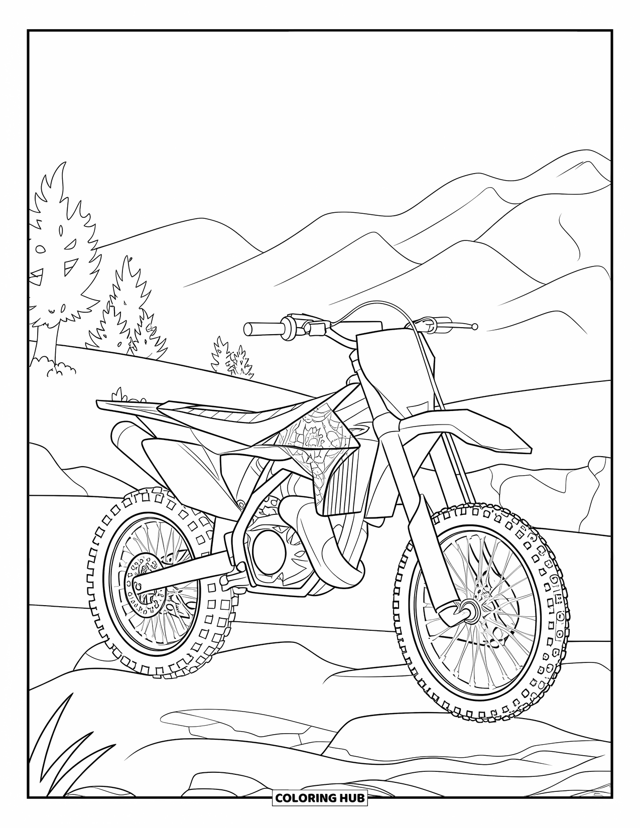 Dirtbike Coloring Page for Adults: A dirtbike stands on rocks with floral mandalas on its tires