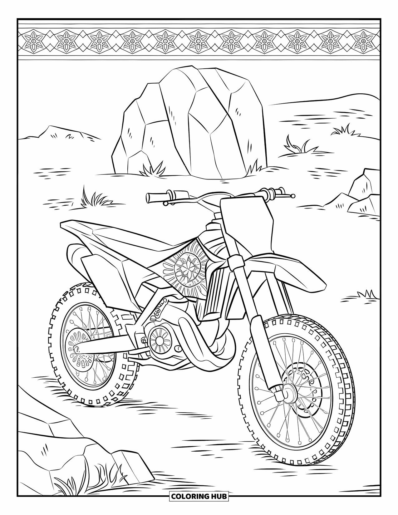 Dirtbike Coloring Page for Adults: A dirtbike with patterned tires sits near rocks in a framed mandala scene