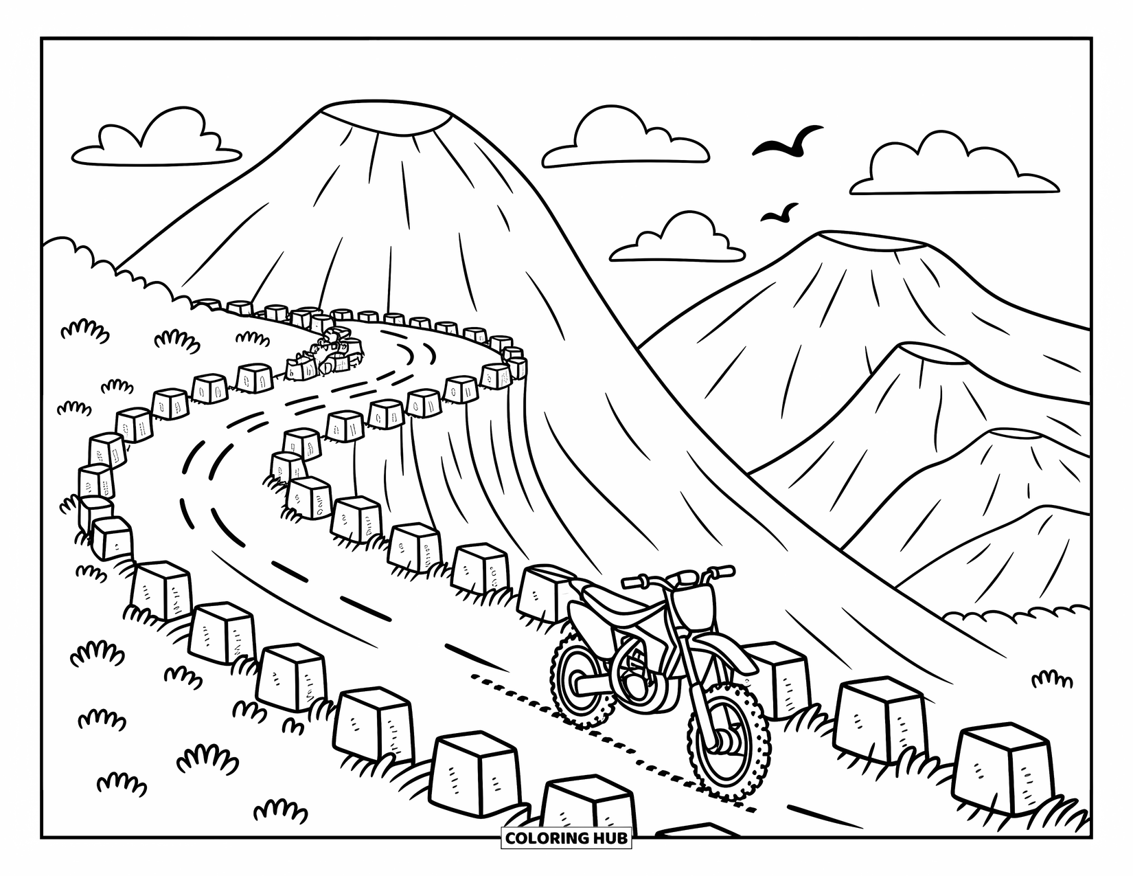 Dirtbike Coloring Page for Adults: A dirtbike zips along a zigzag trail with birds flying over mountain peaks