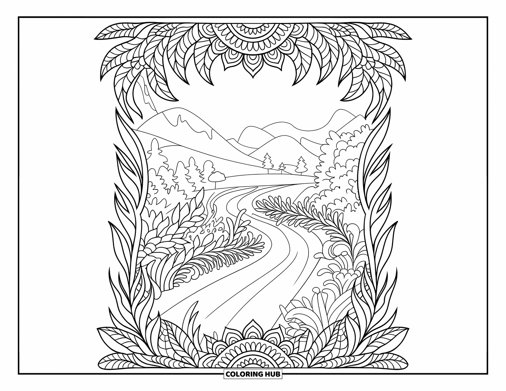 Dirtbike Coloring Page for Adults: A forest trail winds through plants and mandalas beneath a clear, open sky