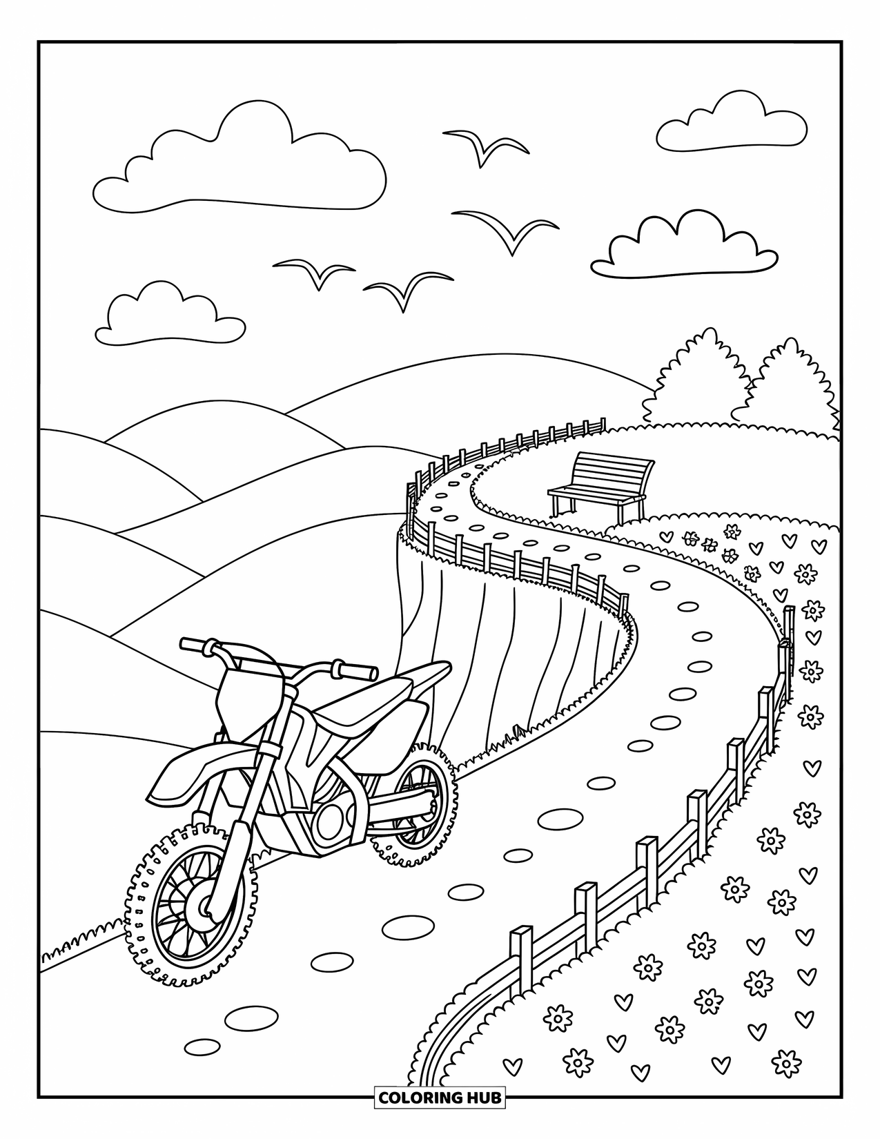 Dirtbike Coloring Page for Adults: A peaceful trail curves by a fence as a dirtbike nears a quiet cliffside