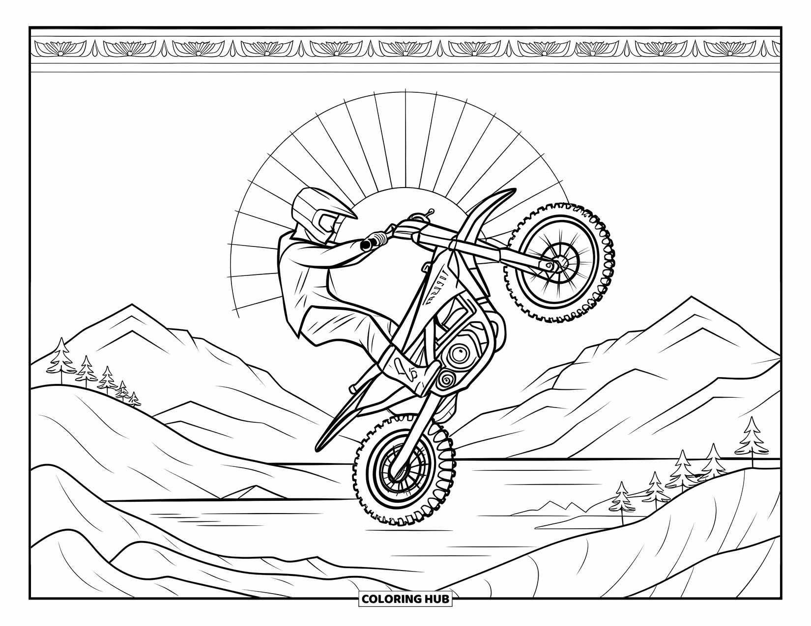 Dirtbike Coloring Page for Adults: A rider flips mid-air with mandala bursts and peaceful mountain views behind