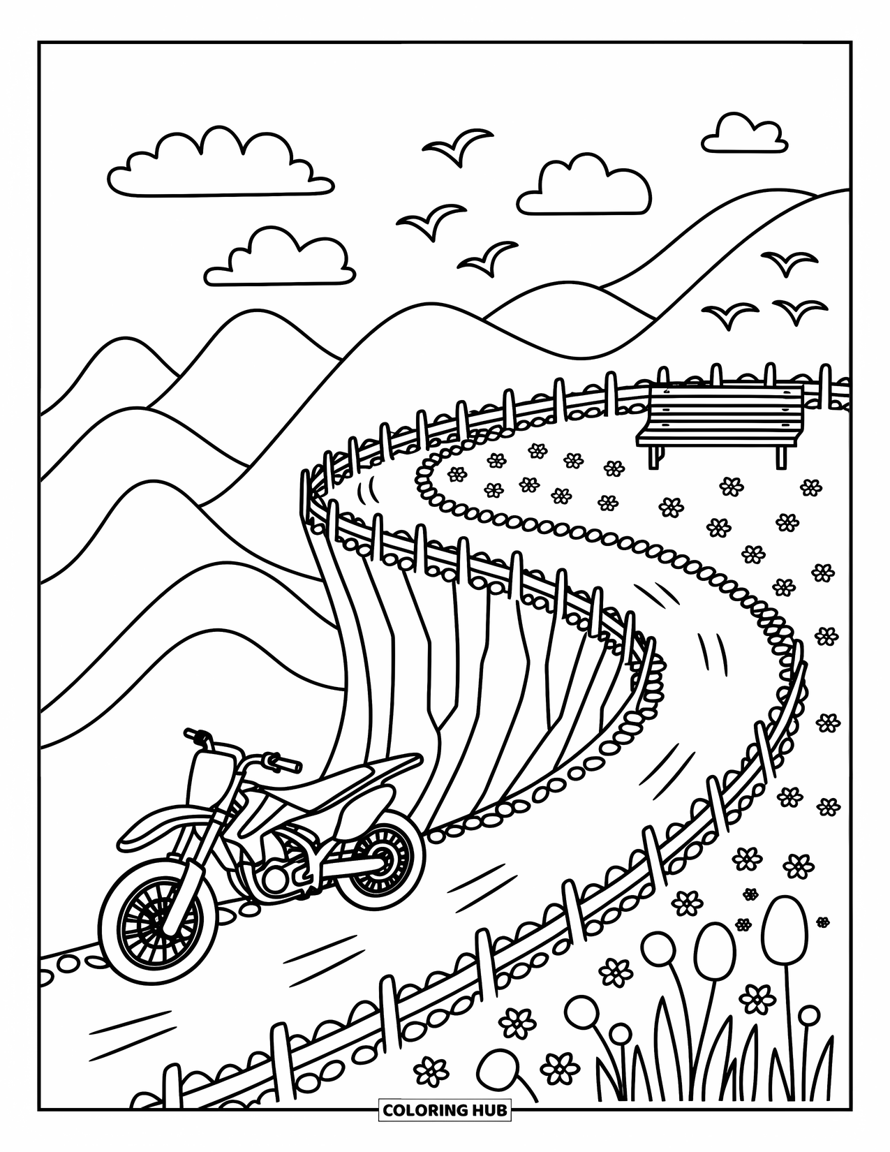 Dirtbike Coloring Page for Adults: Fluffy clouds float above a dirtbike heading to a scenic overlook bench