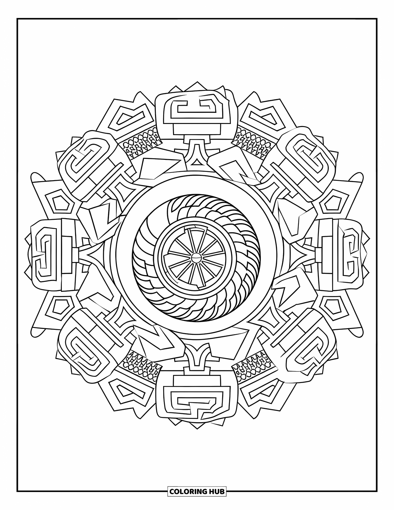 Dirtbike Coloring Page for Adults: Stripes and shapes form a large mandala around a centered dirtbike wheel