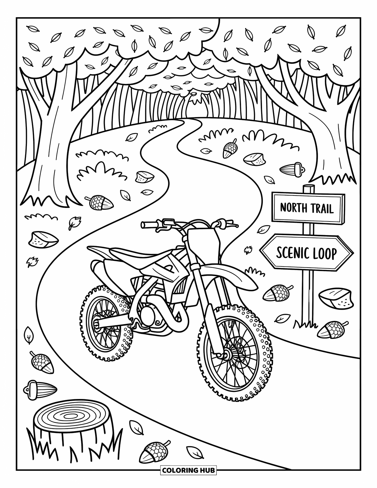 Dirtbike Coloring Page for Adults: Tall trees arch above a dirtbike parked by logs and trail markers