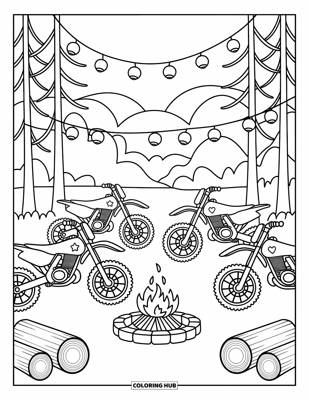Dirtbike Coloring Page for Adults: Whimsical dirtbikes and hanging lanterns fill a peaceful forest clearing