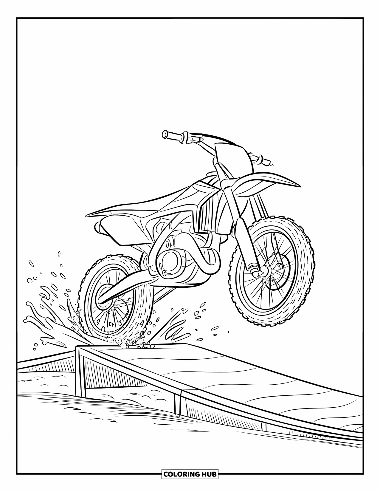 Dirtbike Coloring Page for Kids: A bold dirtbike jumps a ramp while dirt splashes beneath its tires
