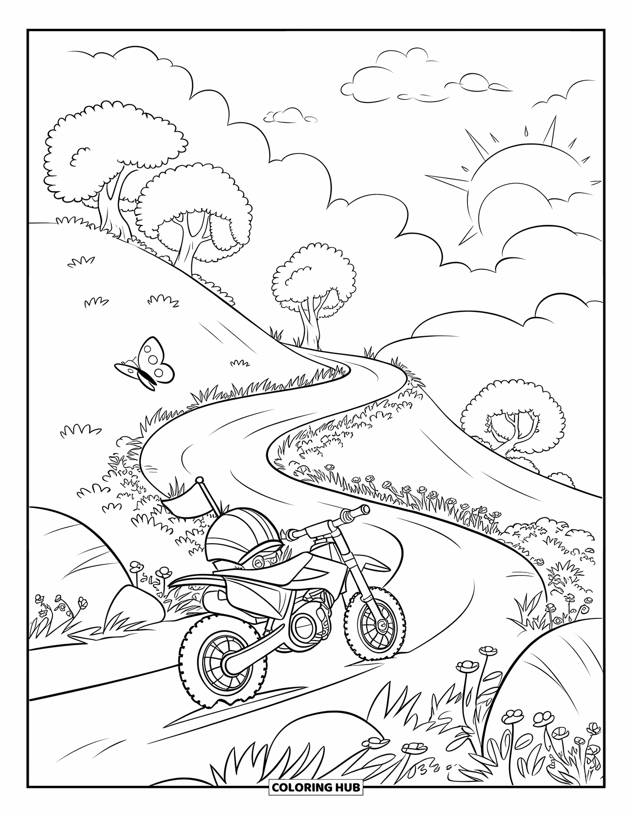 Dirtbike Coloring Page for Kids: A butterfly floats near a dirtbike resting atop a peaceful hill