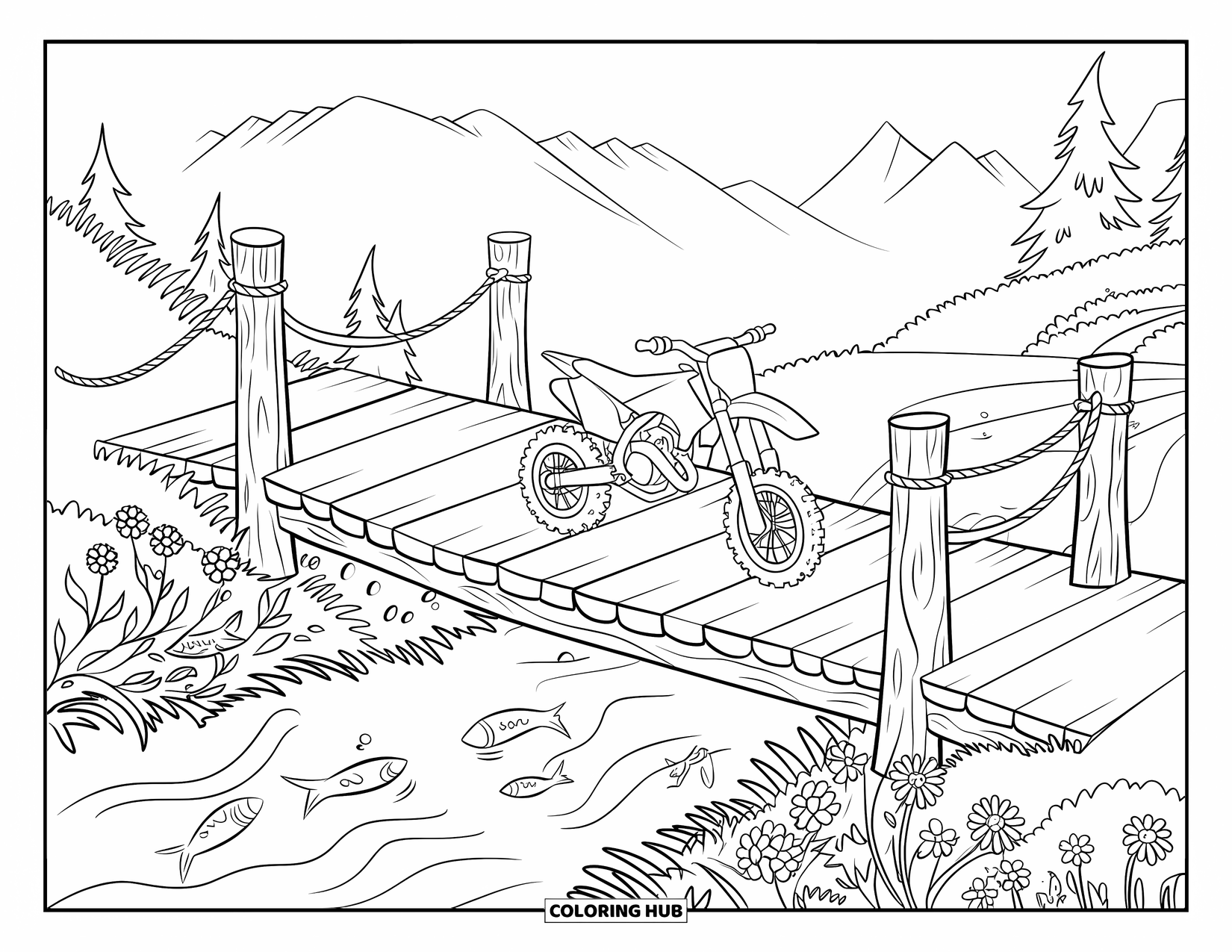 Dirtbike Coloring Page for Kids: A dirtbike carefully crosses a wooden bridge over a peaceful creek