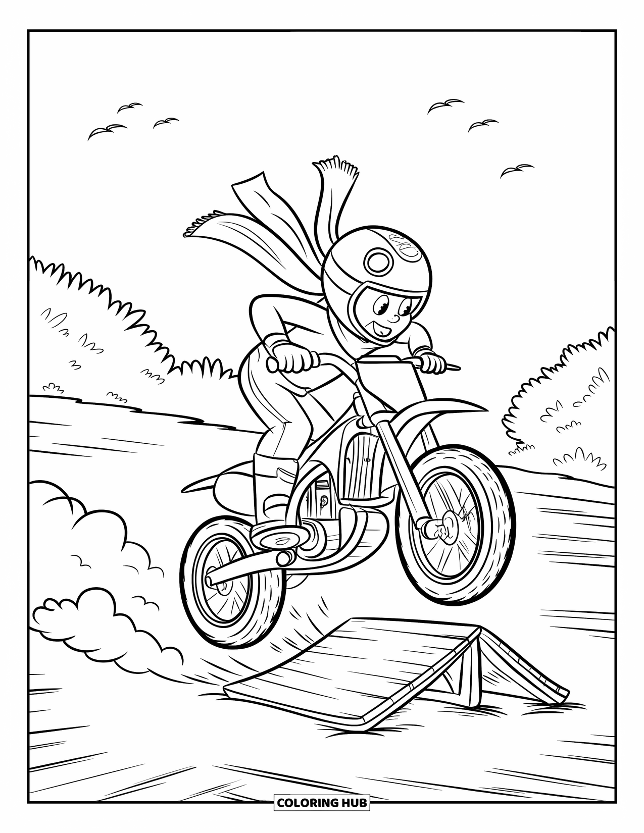 Dirtbike Coloring Page for Kids: A dirtbike catches air off a ramp while birds fly through the trees