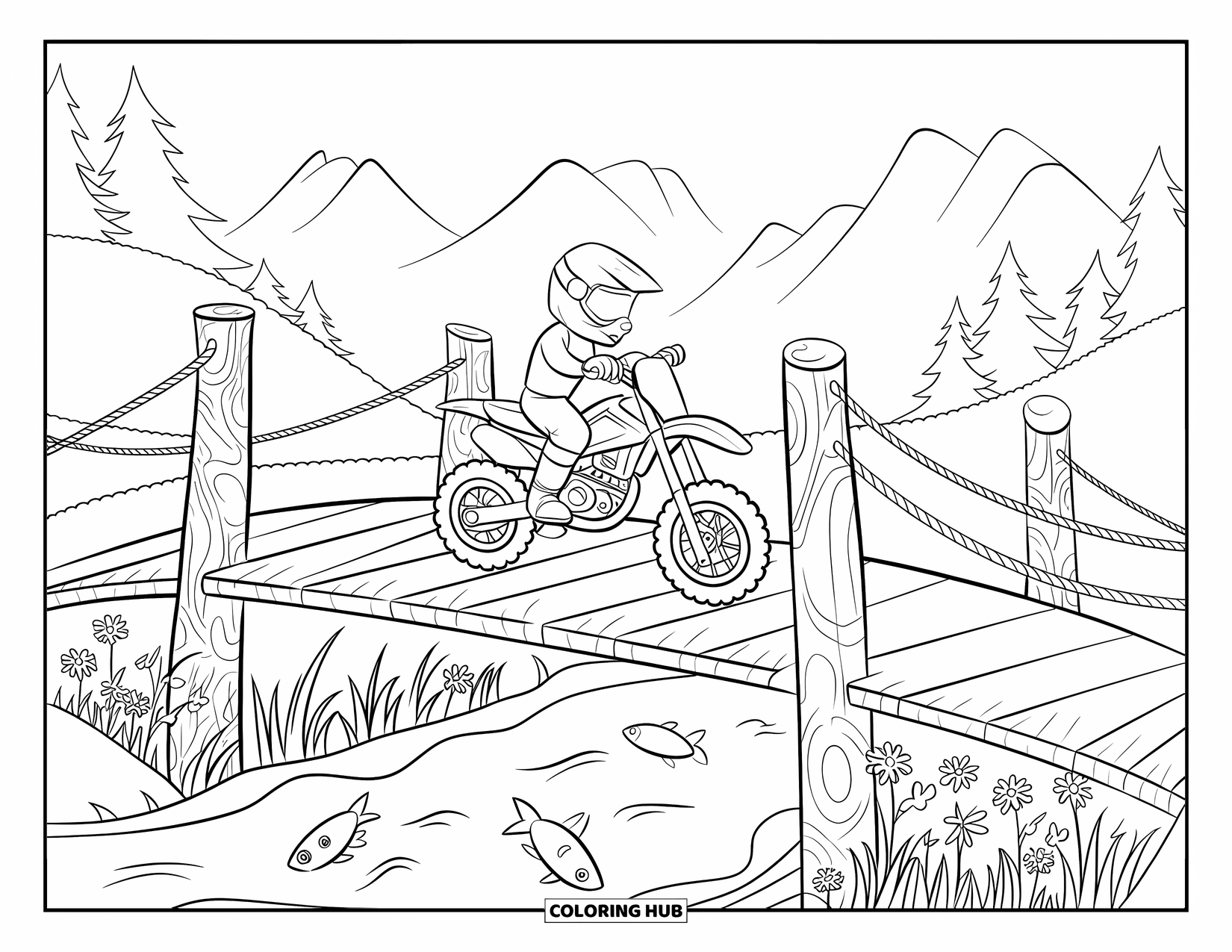 Dirtbike Coloring Page for Kids: A dirtbike crosses a bridge while wildflowers bloom beside a quiet creek