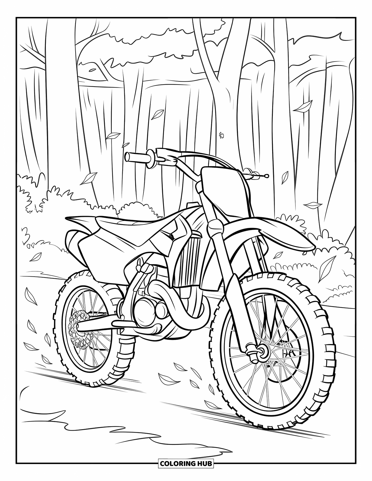 Dirtbike Coloring Page for Kids: A dirtbike rests under tall trees as leaves swirl around it