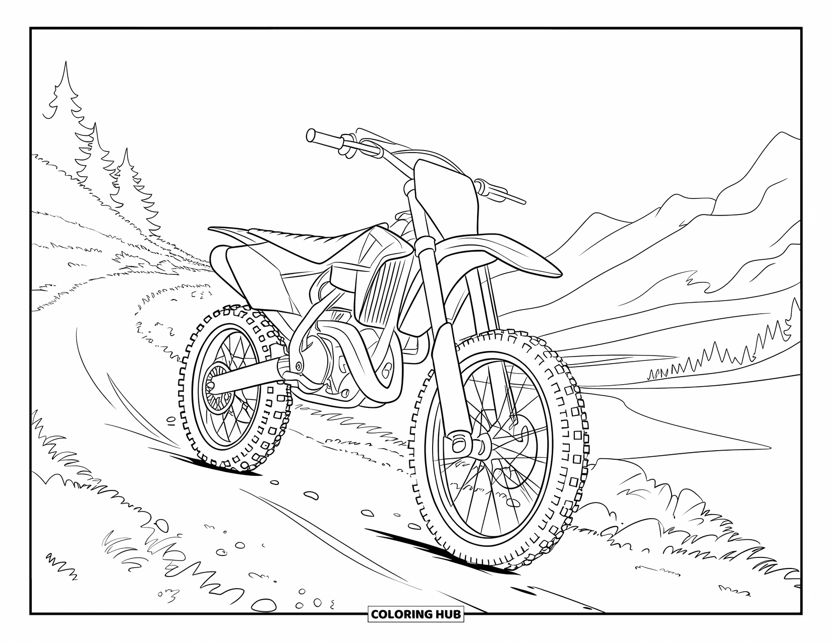 Dirtbike Coloring Page for Kids: A dirtbike rides uphill over rocks with the forest stretching behind