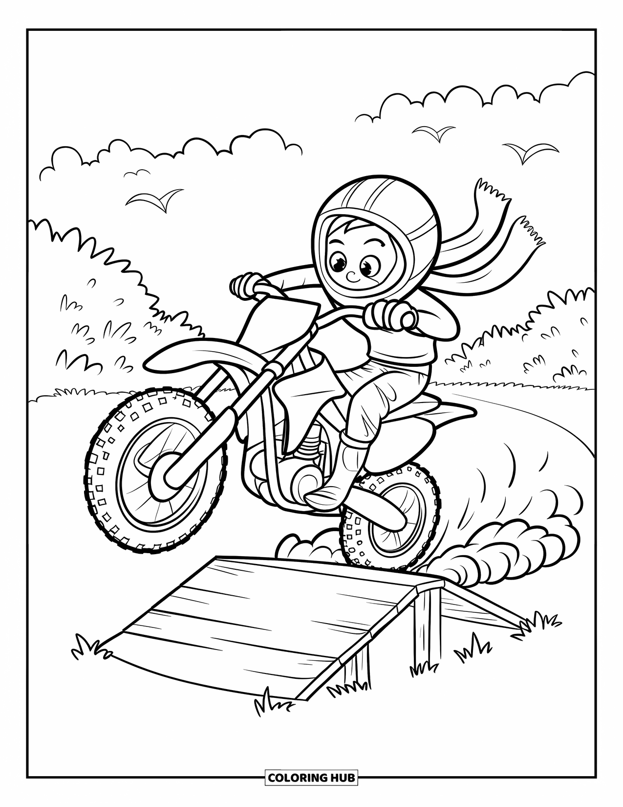 Dirtbike Coloring Page for Kids: A dirtbike soars off a wooden ramp as the rider's scarf flutters