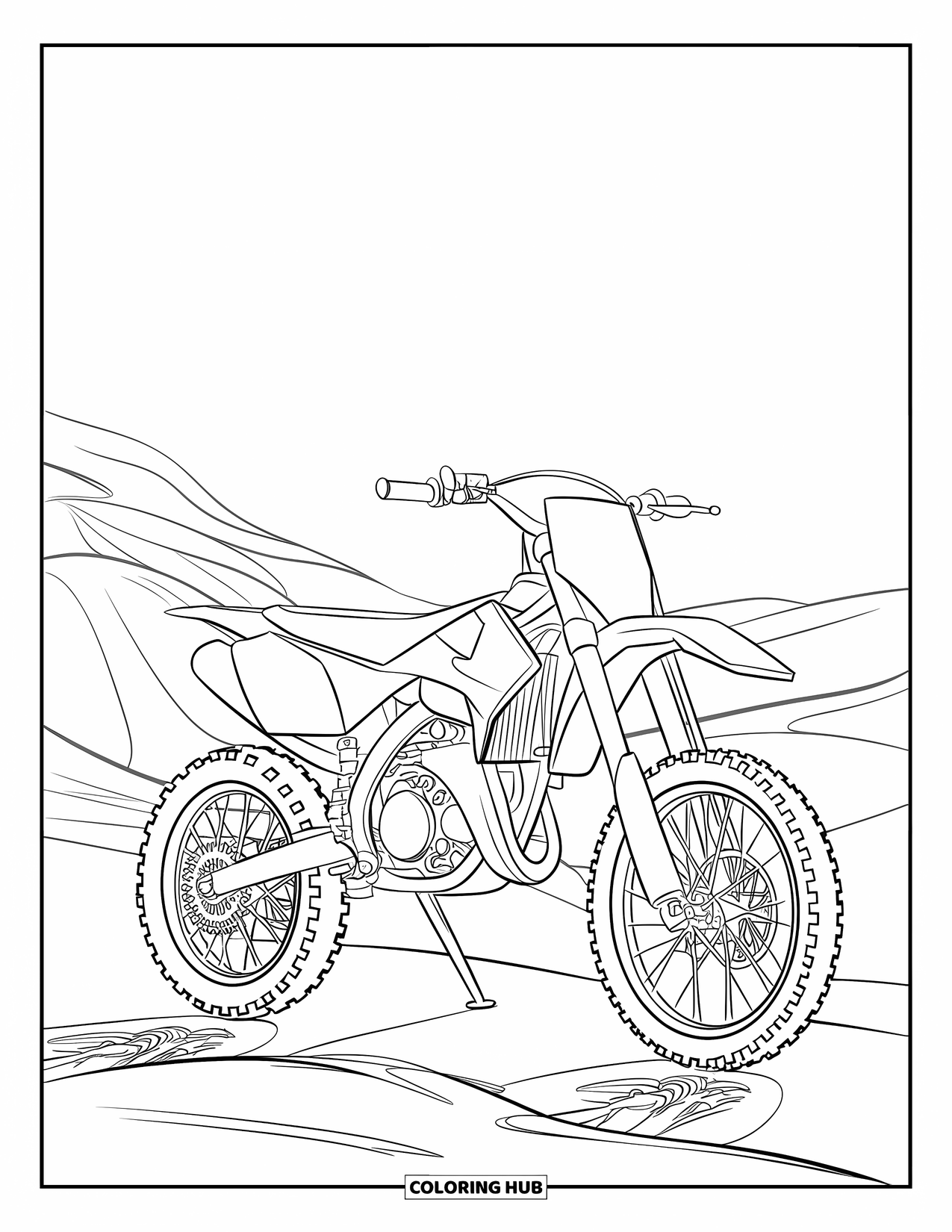 Dirtbike Coloring Page for Kids: A dirtbike stands tall on a hilltop with bold wheels and sunny skies