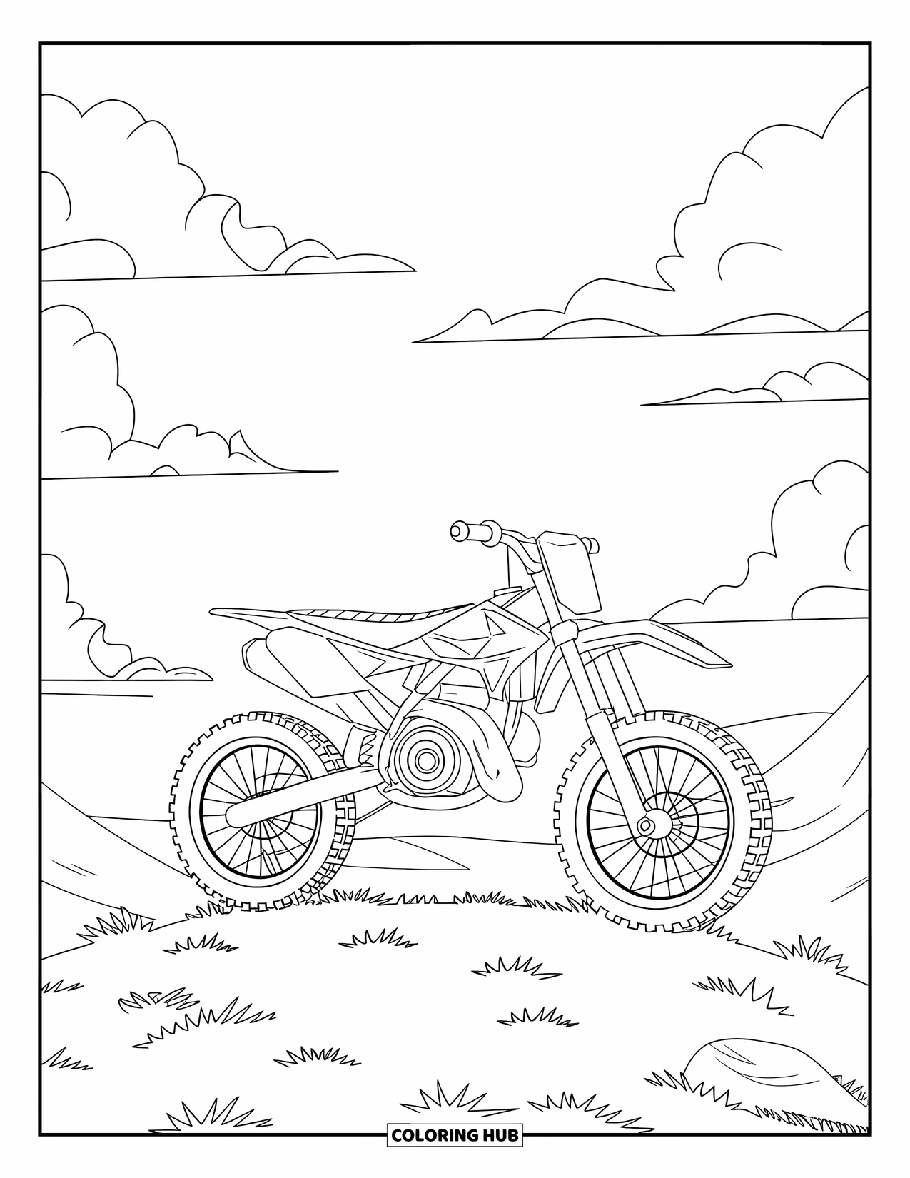 Dirtbike Coloring Page for Kids: A dirtbike with big wheels rests on a hilltop under a wide open sky