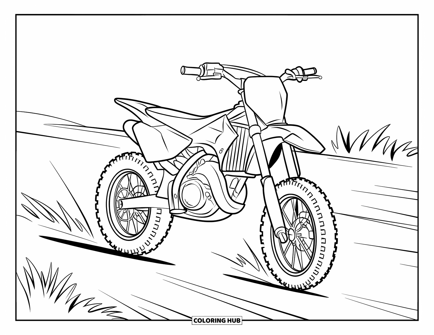 Dirtbike Coloring Page for Kids: A dirtbike with bubbly tires rolls down a simple dirt path