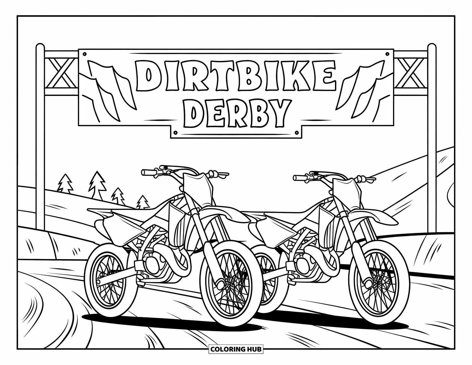 Dirtbike Coloring Page for Kids: A race banner hangs above two dirtbikes ready at the starting line
