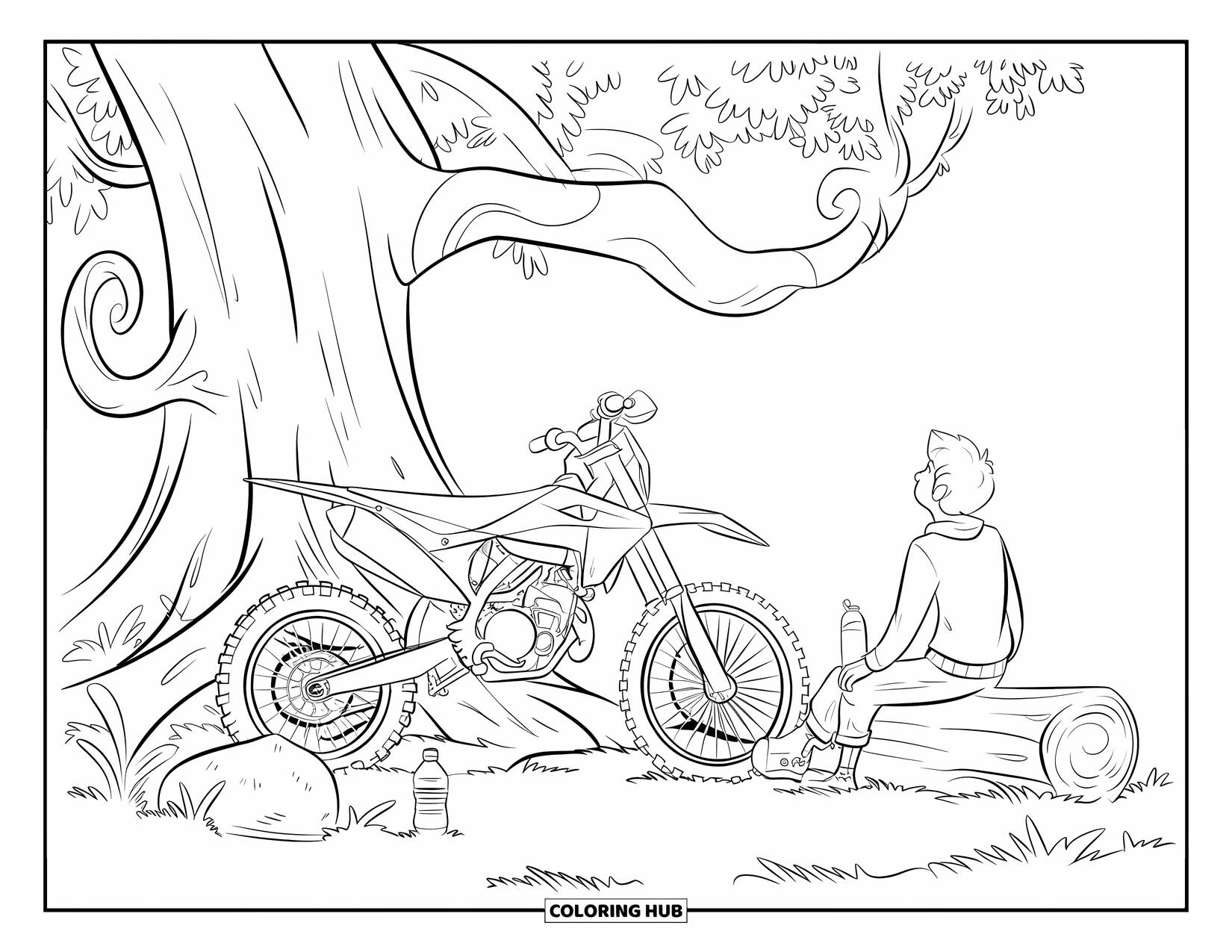 Dirtbike Coloring Page for Kids: A rider relaxes beside their dirtbike under a tree with curling leafy branches