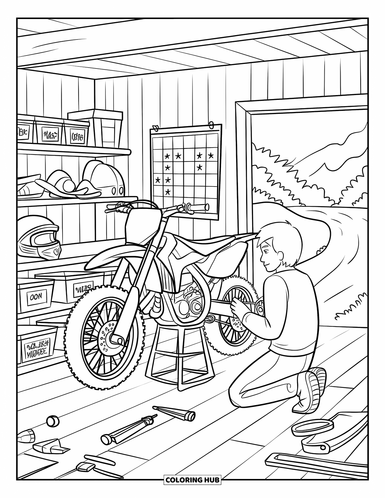Dirtbike Coloring Page for Kids: A rider repairs a dirtbike in a cozy garage full of helmets and parts