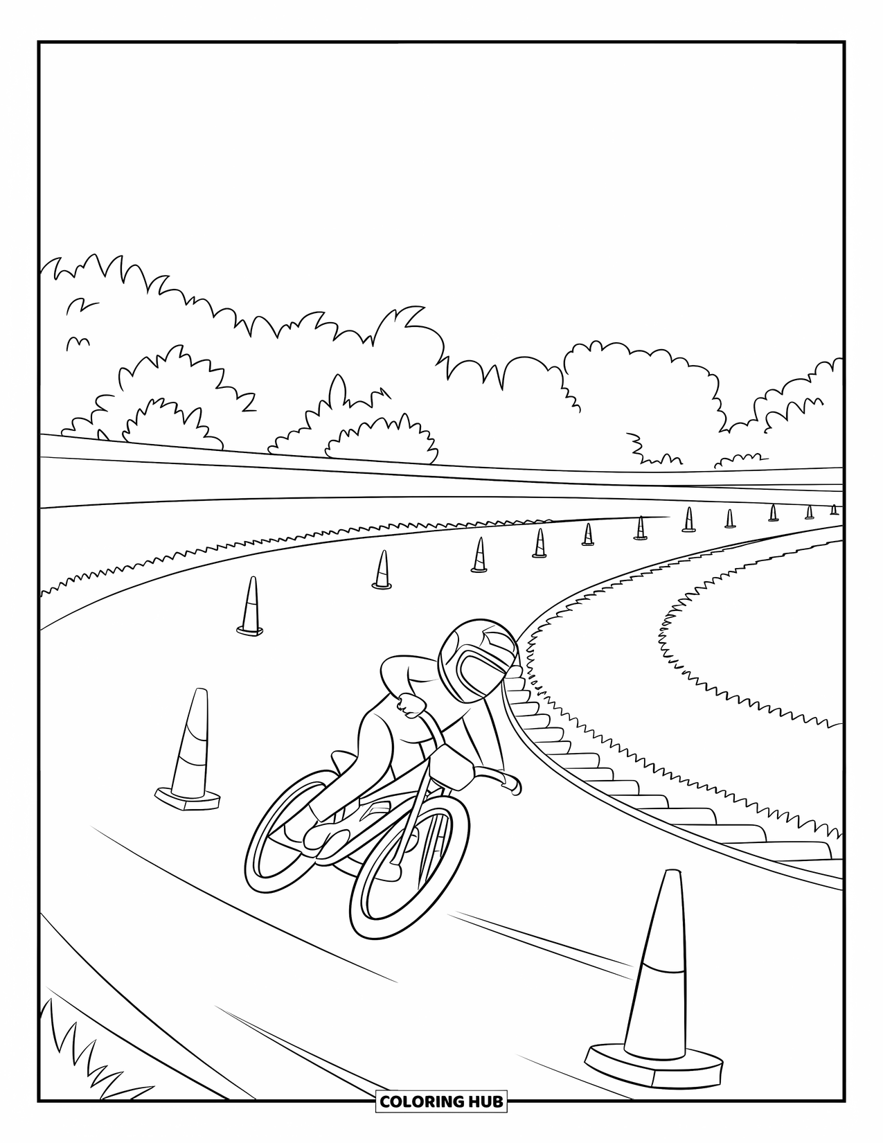 Dirtbike Coloring Page for Kids: A rider zooms across a cone-marked track with trees in the distance