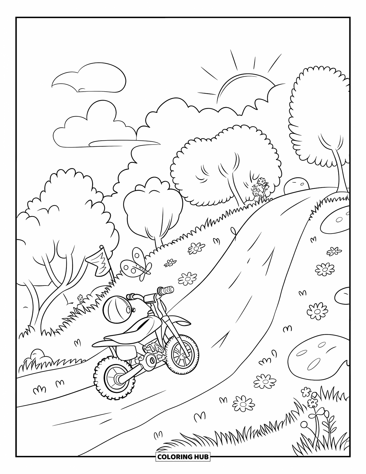 Dirtbike Coloring Page for Kids: A small dirtbike rests on a hilltop trail under a sunny sky