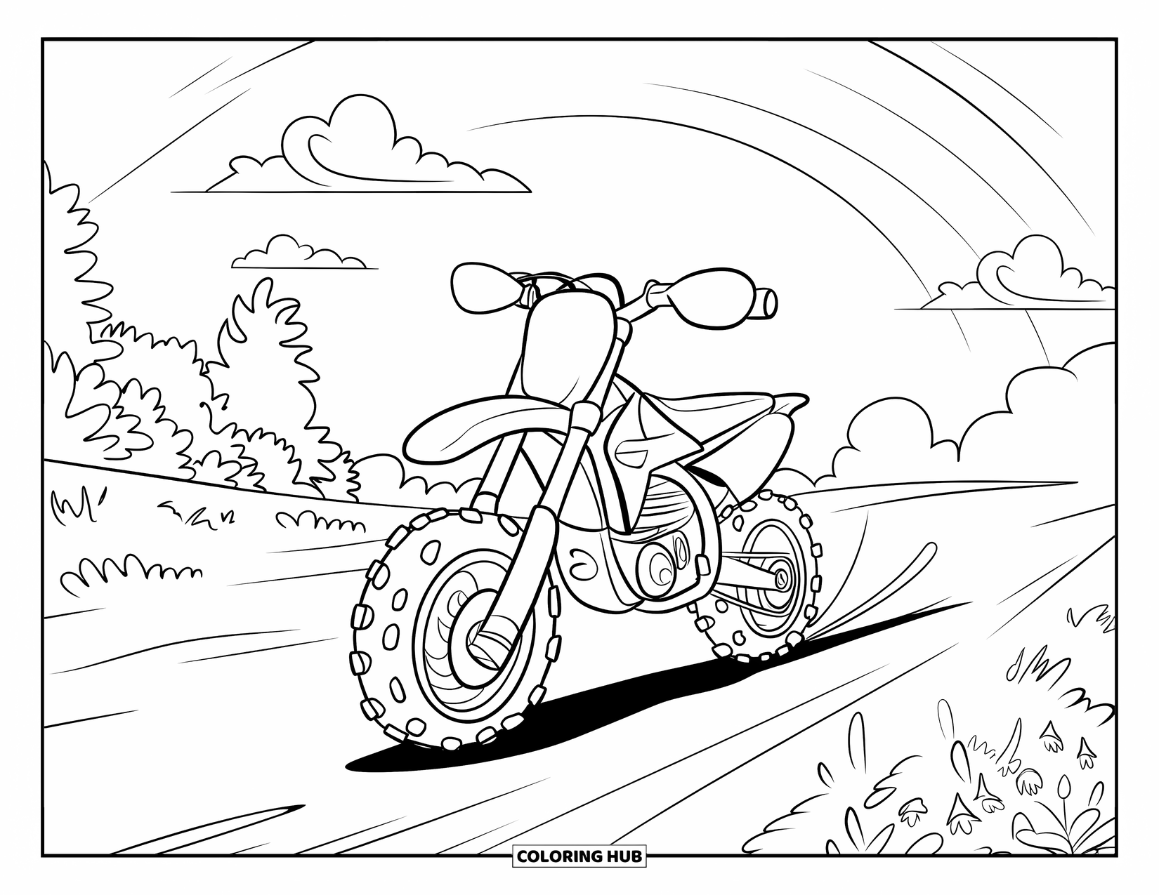 Dirtbike Coloring Page for Kids: A smiling dirtbike rolls down a grassy path under a rainbow-filled sky