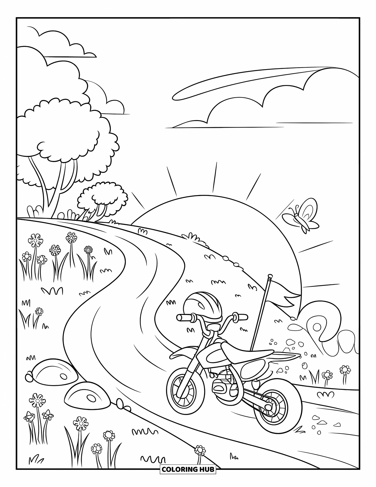 Dirtbike Coloring Page for Kids: A winding trail leads up to a dirtbike on a hill with a fluttering flag
