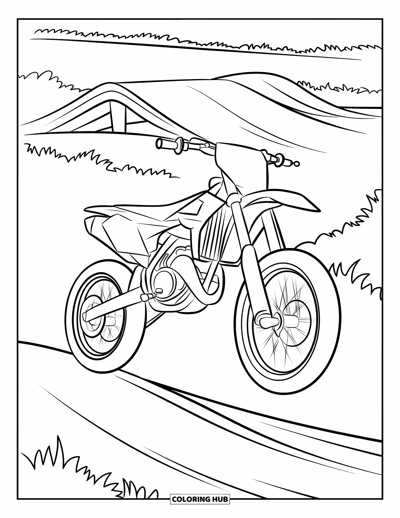 Dirtbike Coloring Page for Kids: Caught mid-jump, a dirtbike soars with a ramp and trees behind it