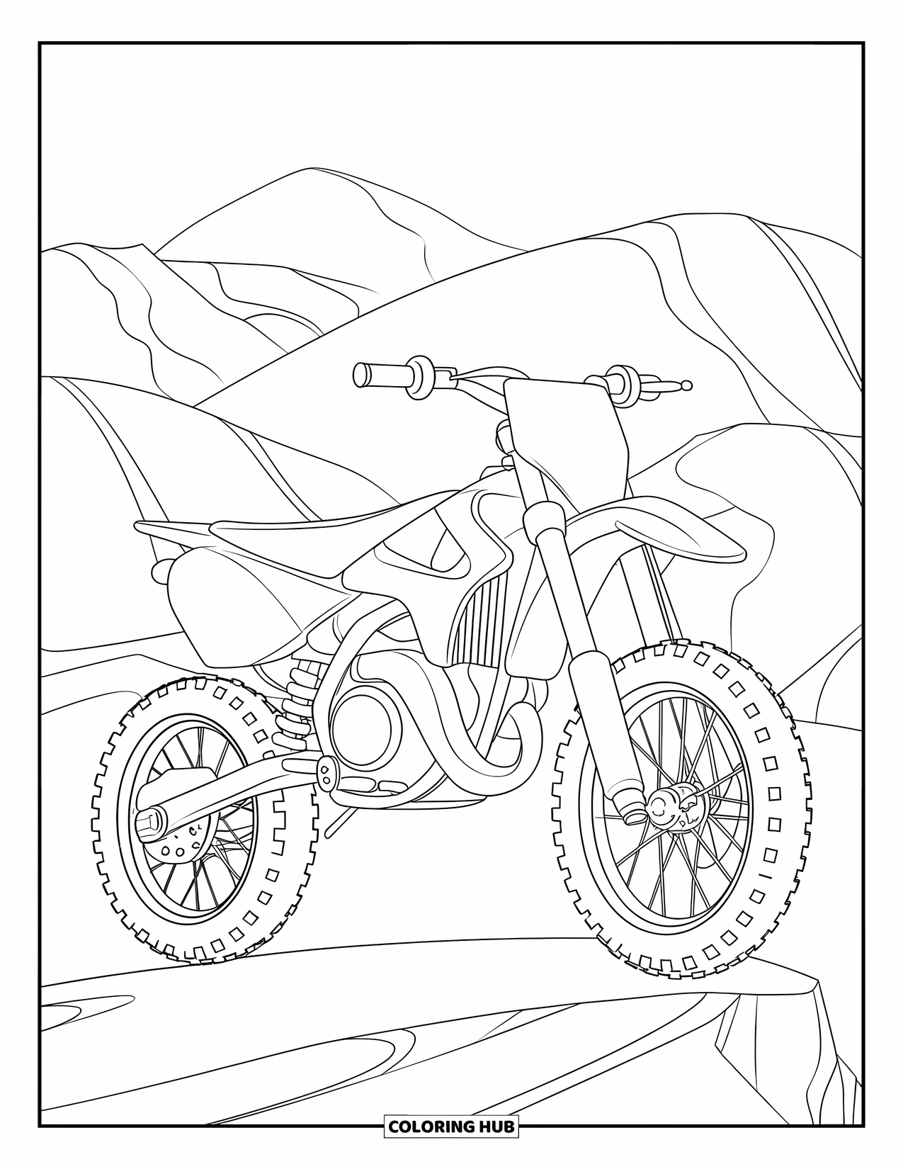 Dirtbike Coloring Page for Kids: On a rocky hill, a dirtbike waits under a bright, clear sky