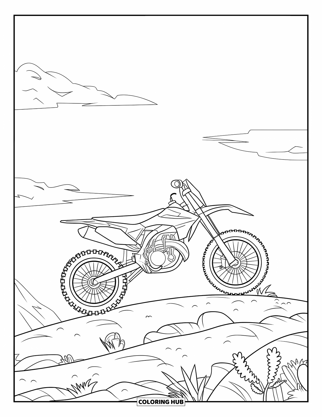 Dirtbike Coloring Page for Kids: Parked at the peak, the dirtbike overlooks green hills and clouds