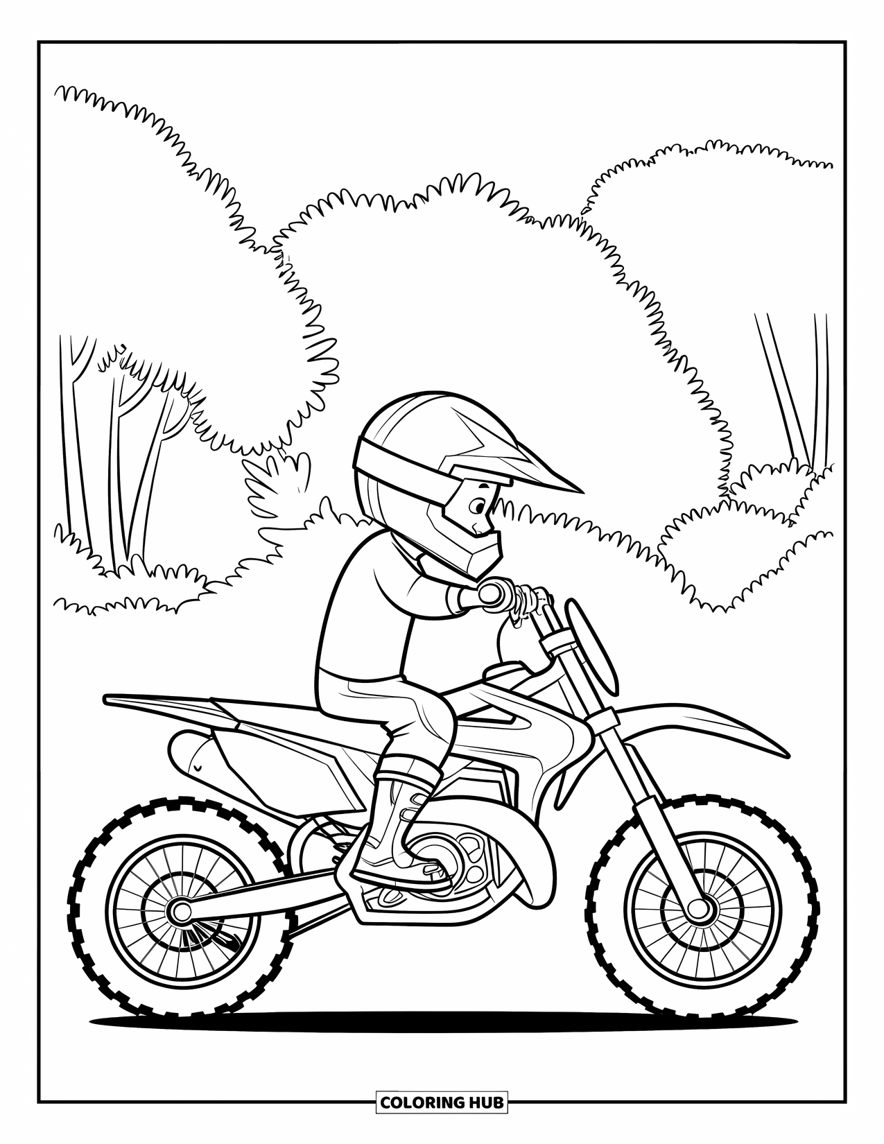 Dirtbike Coloring Page for Kids: Waving proudly, a rider poses with their bike under leafy forest trees