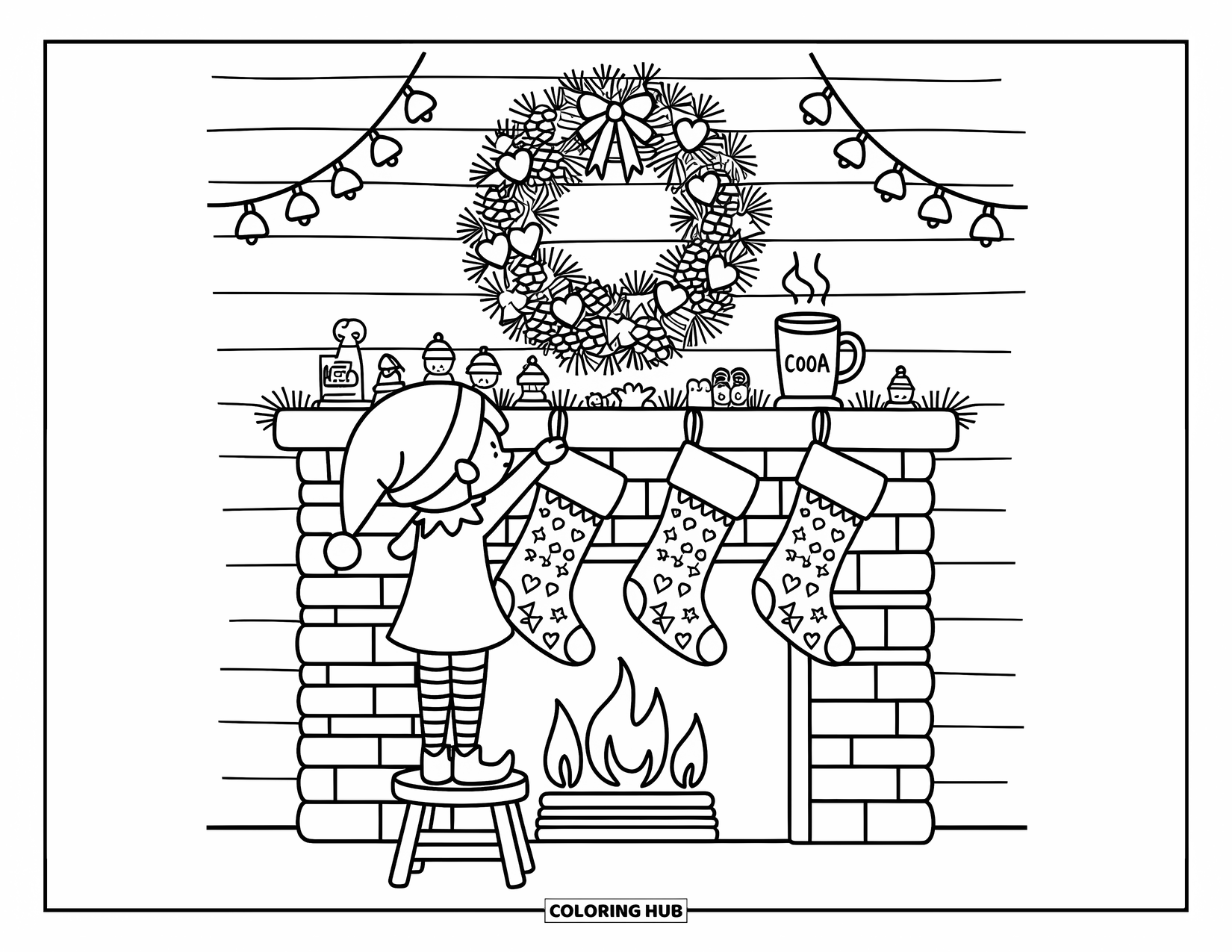 Elf Coloring Page for Adults: A cheerful elf decorates the fireplace with stockings and cocoa nearby