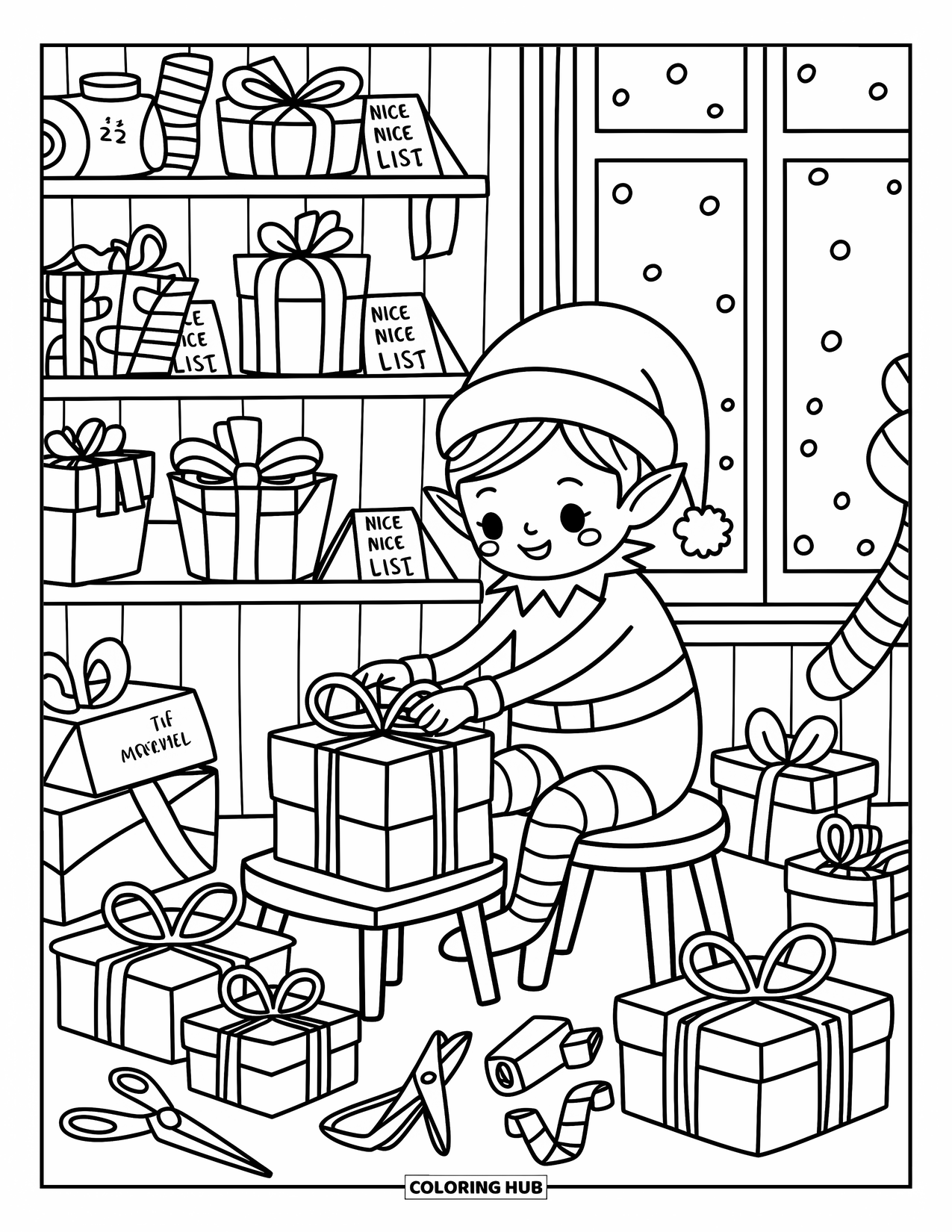 Elf Coloring Page for Adults: A cheerful elf ties ribbons on gifts inside Santaís snowy workshop