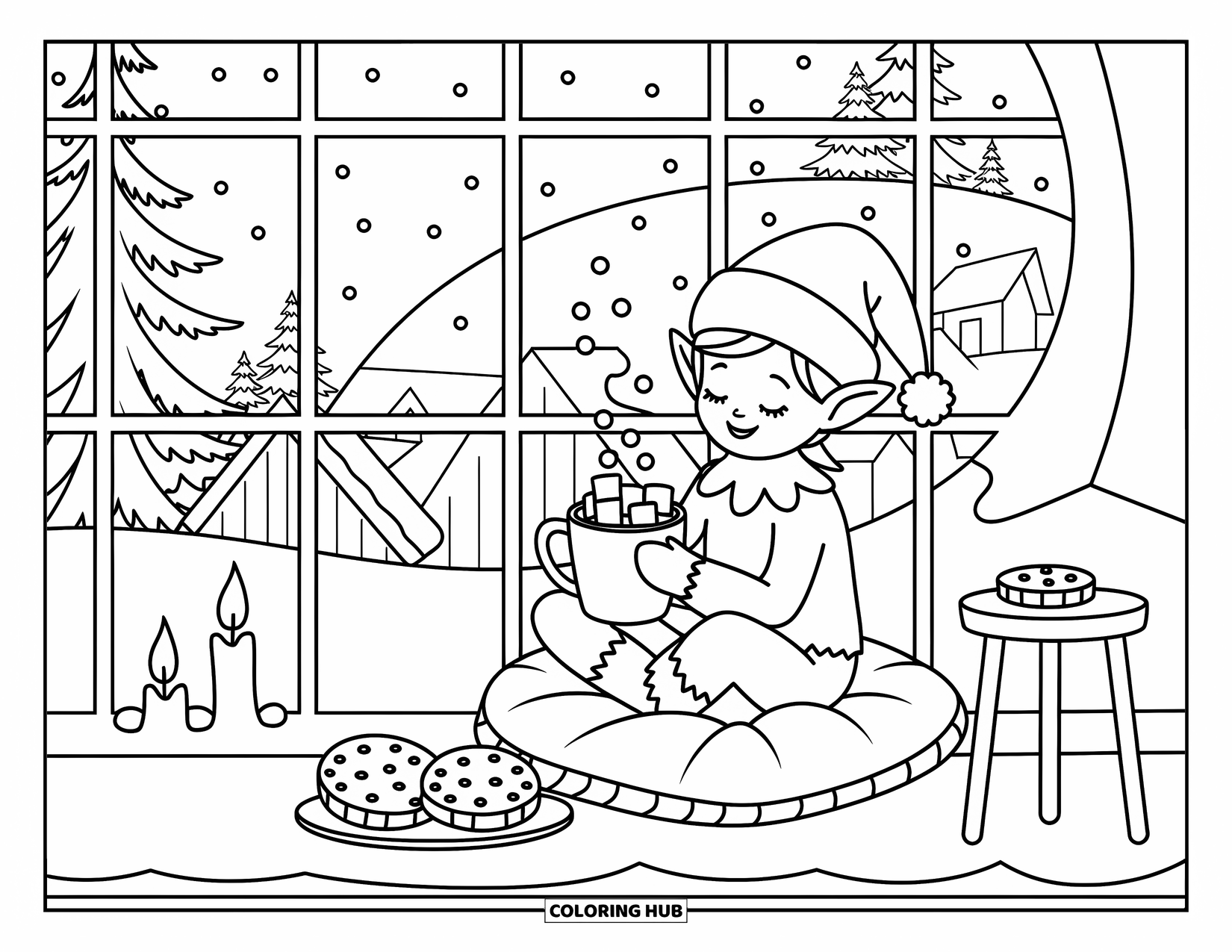 Elf Coloring Page for Adults: A cozy elf sips hot cocoa beside a frosty window on a snowy day