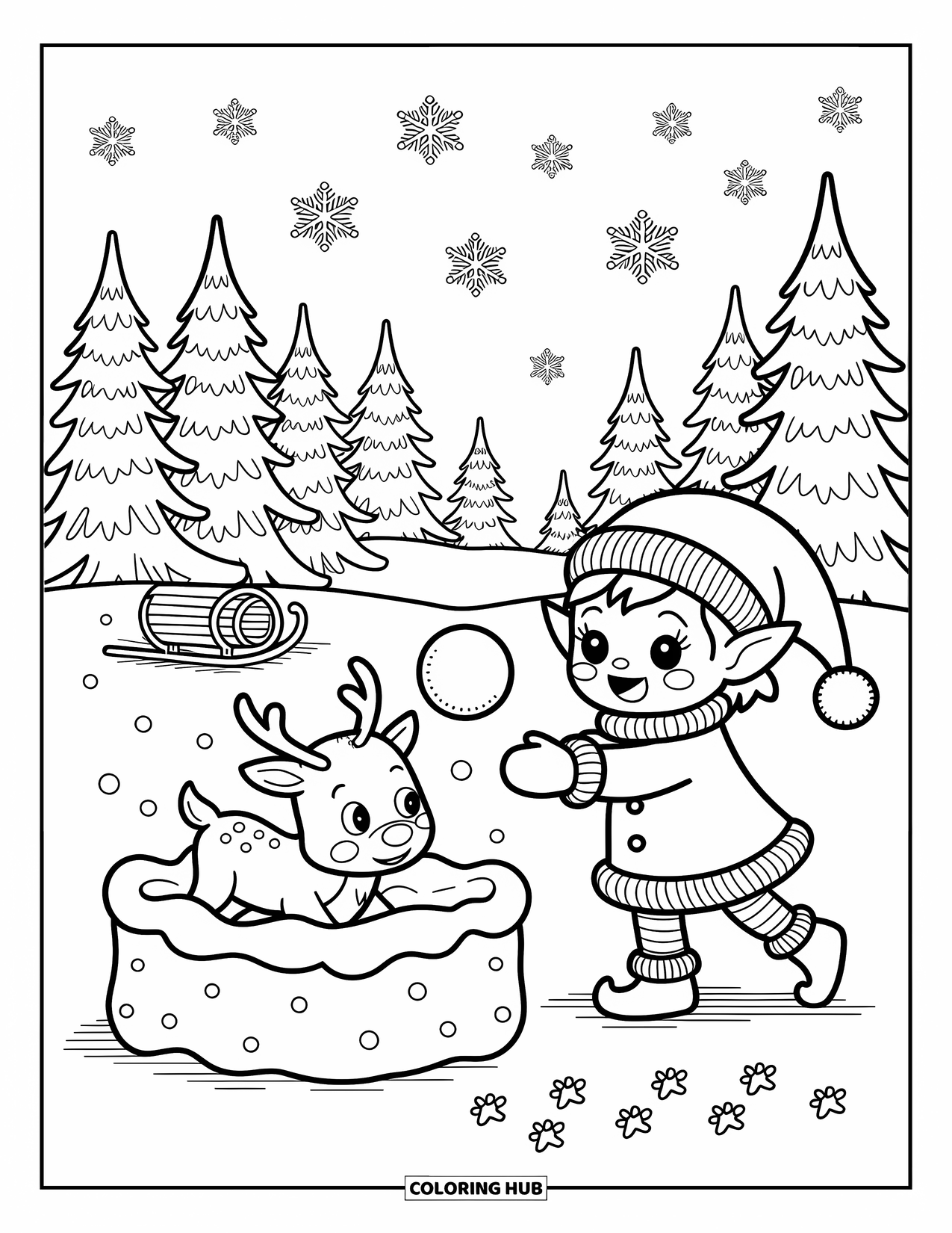 Elf Coloring Page for Adults: A joyful elf hurls snowballs in a snowy forest with a reindeer friend