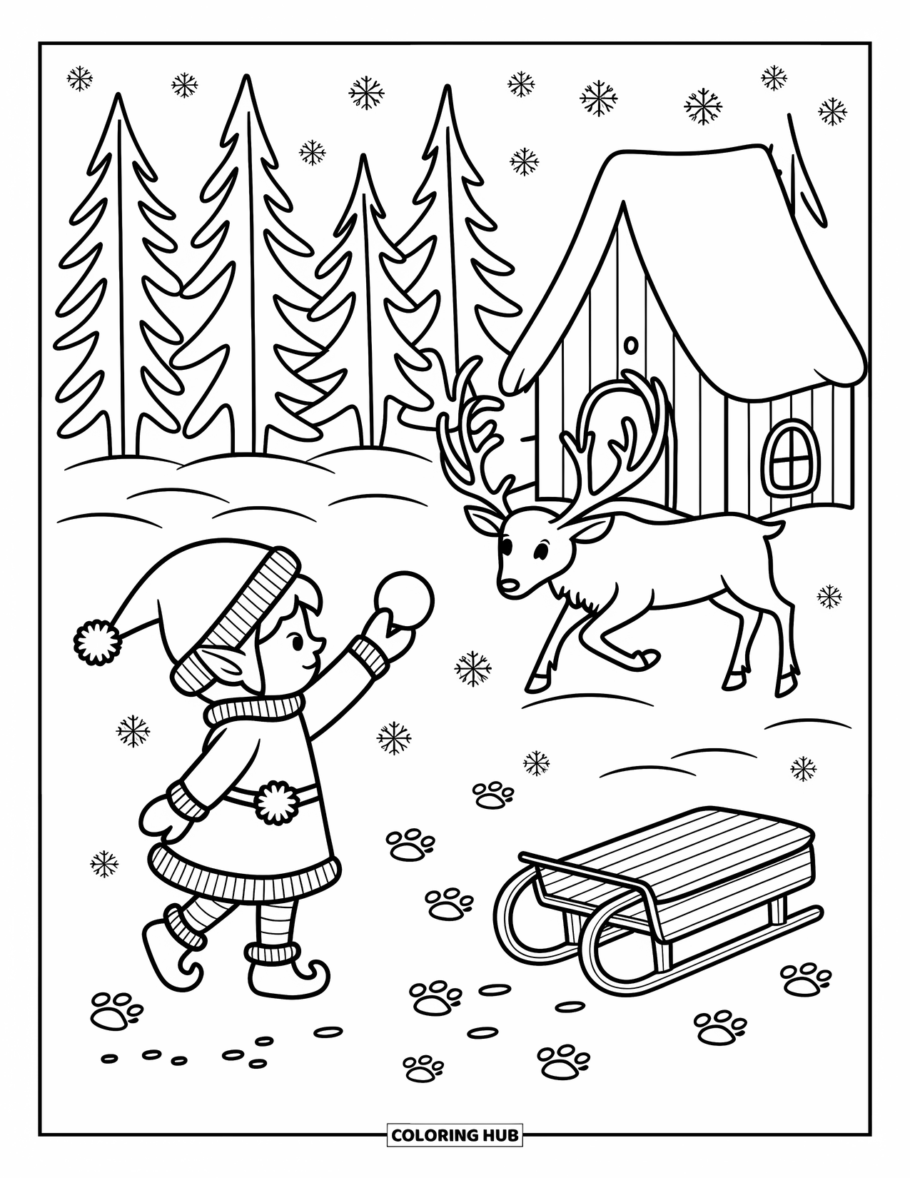 Elf Coloring Page for Adults: A laughing elf tosses a snowball as a reindeer hides nearby