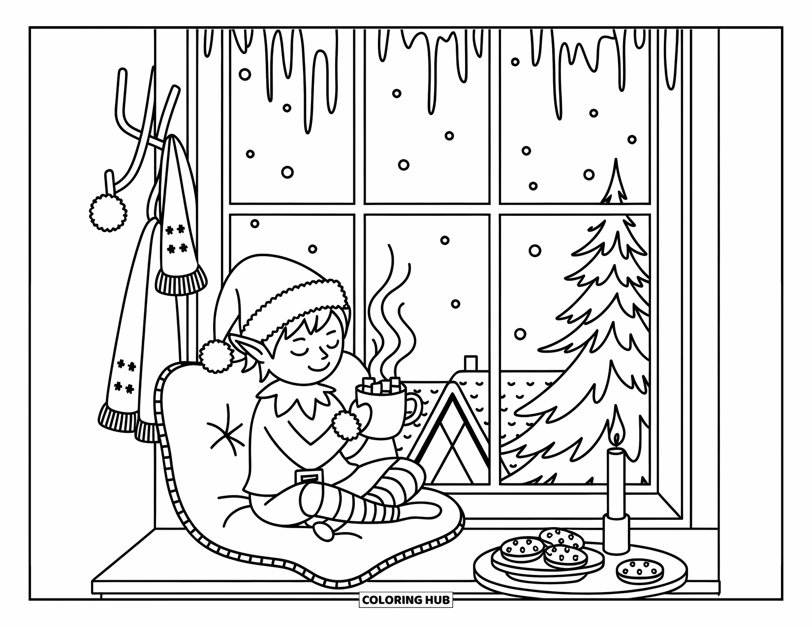 Elf Coloring Page for Adults: A peaceful elf drinks cocoa by a snowy window glowing with candlelight