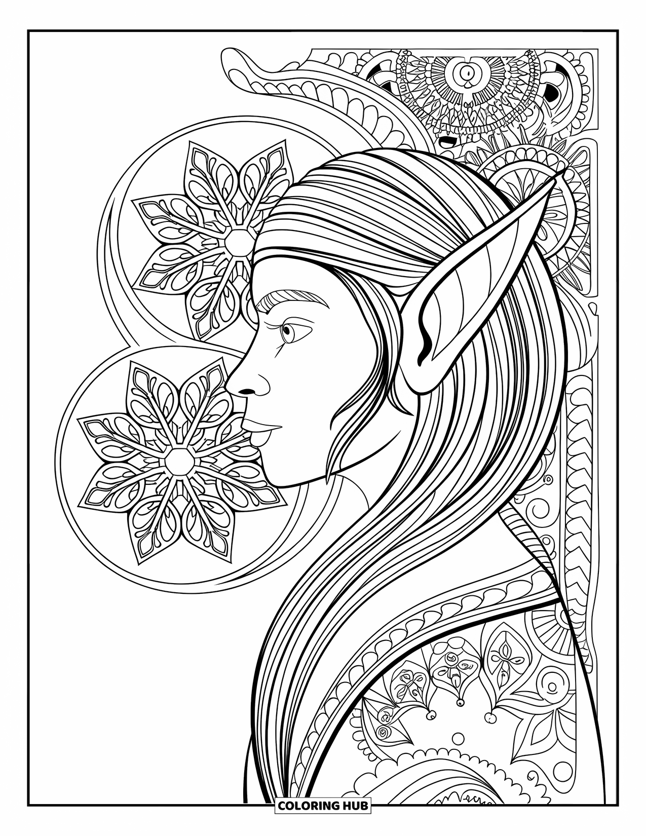 Elf Coloring Page for Adults: A regal elf in profile surrounded by snowflake patterns