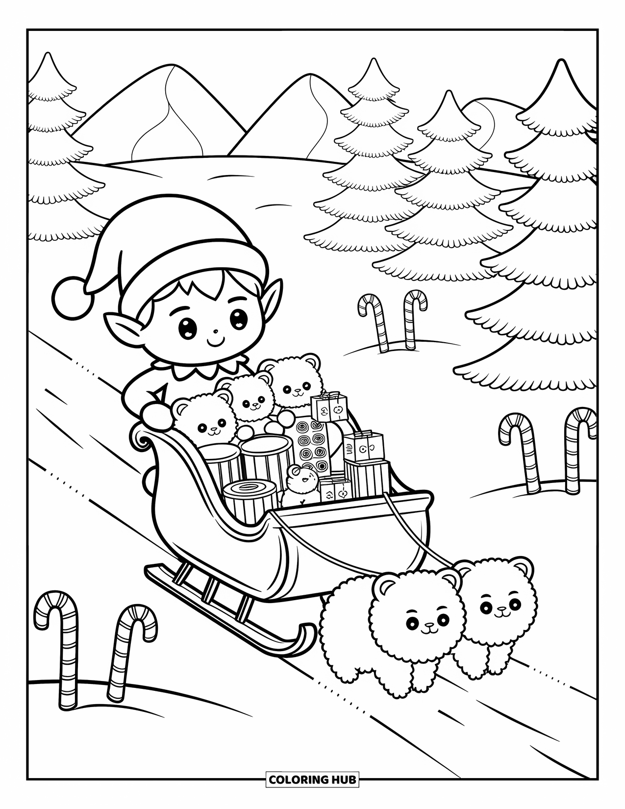 Elf Coloring Page for Adults: A smiling elf pulls a sleigh of gifts through snow and candy canes
