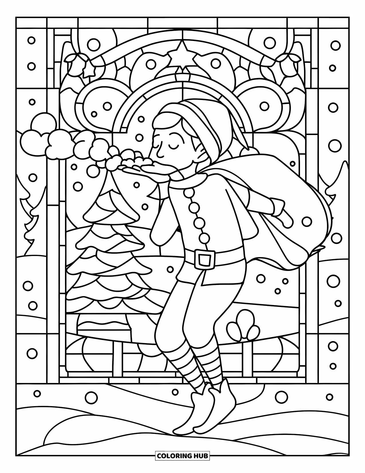 Elf Coloring Page for Adults: An elf blows snow into a magical stained glass Christmas scene