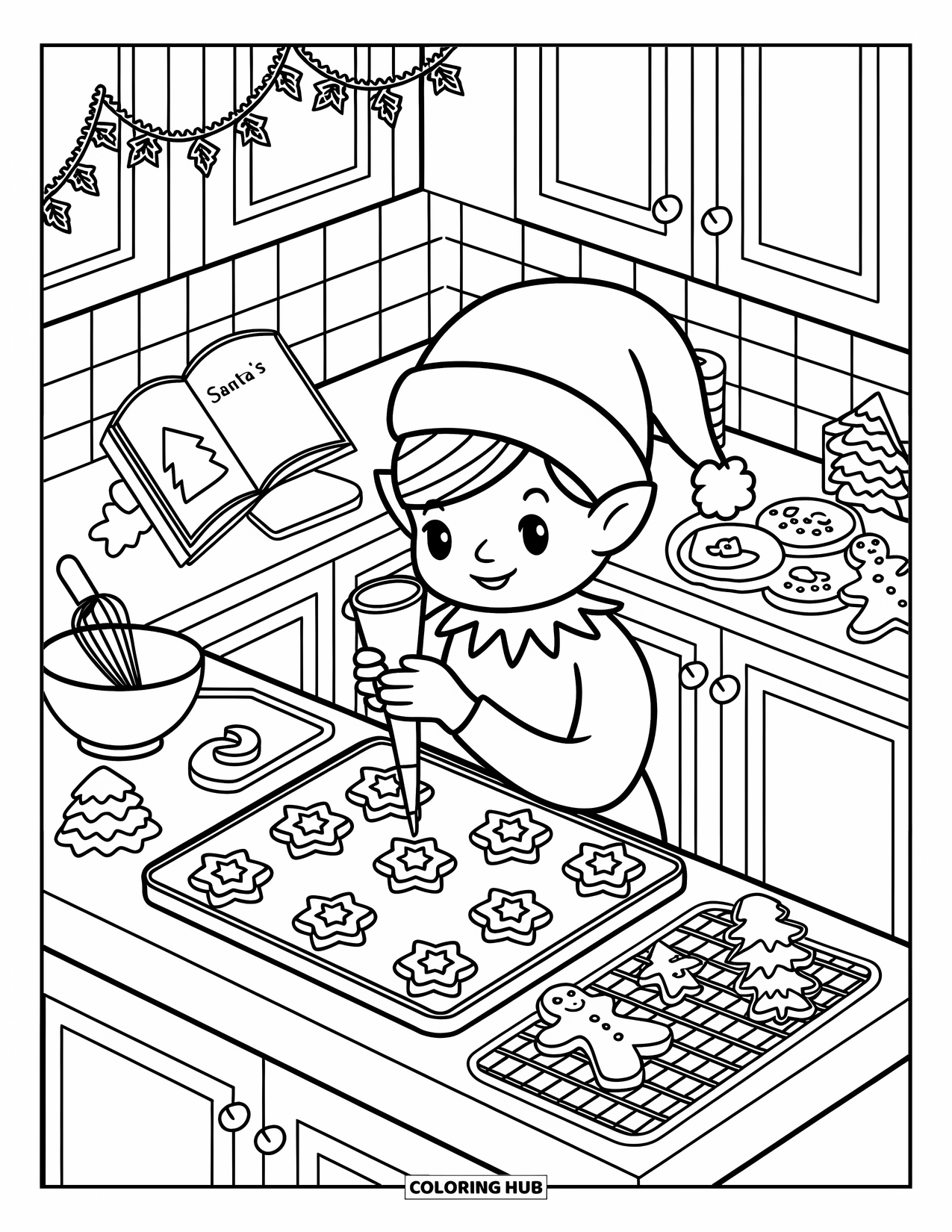 Elf Coloring Page for Adults: An elf decorates cookies beside a cookbook labeled ìSantaís Favorite.î