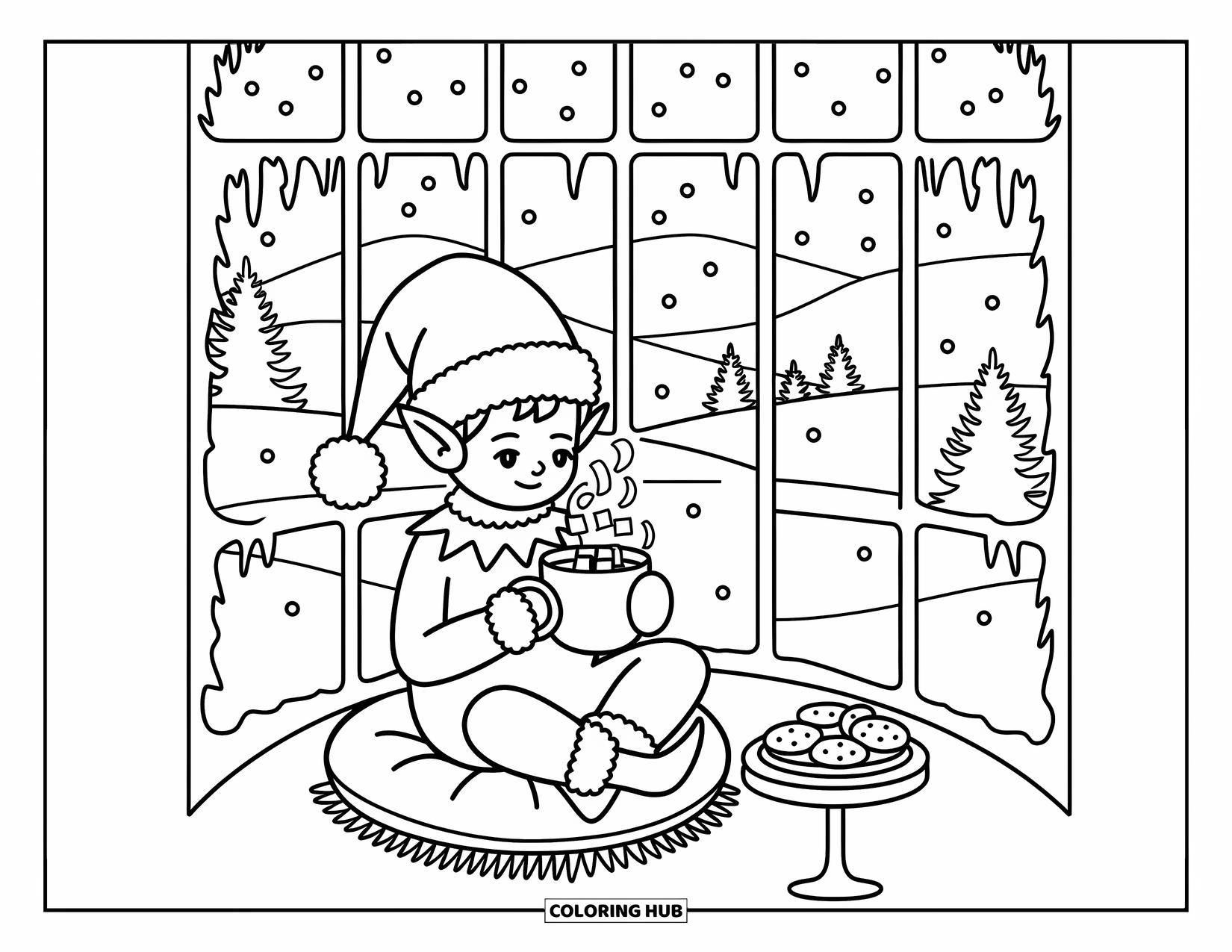 Elf Coloring Page for Adults: An elf enjoys cocoa by a snowy window with cookies and candlelight