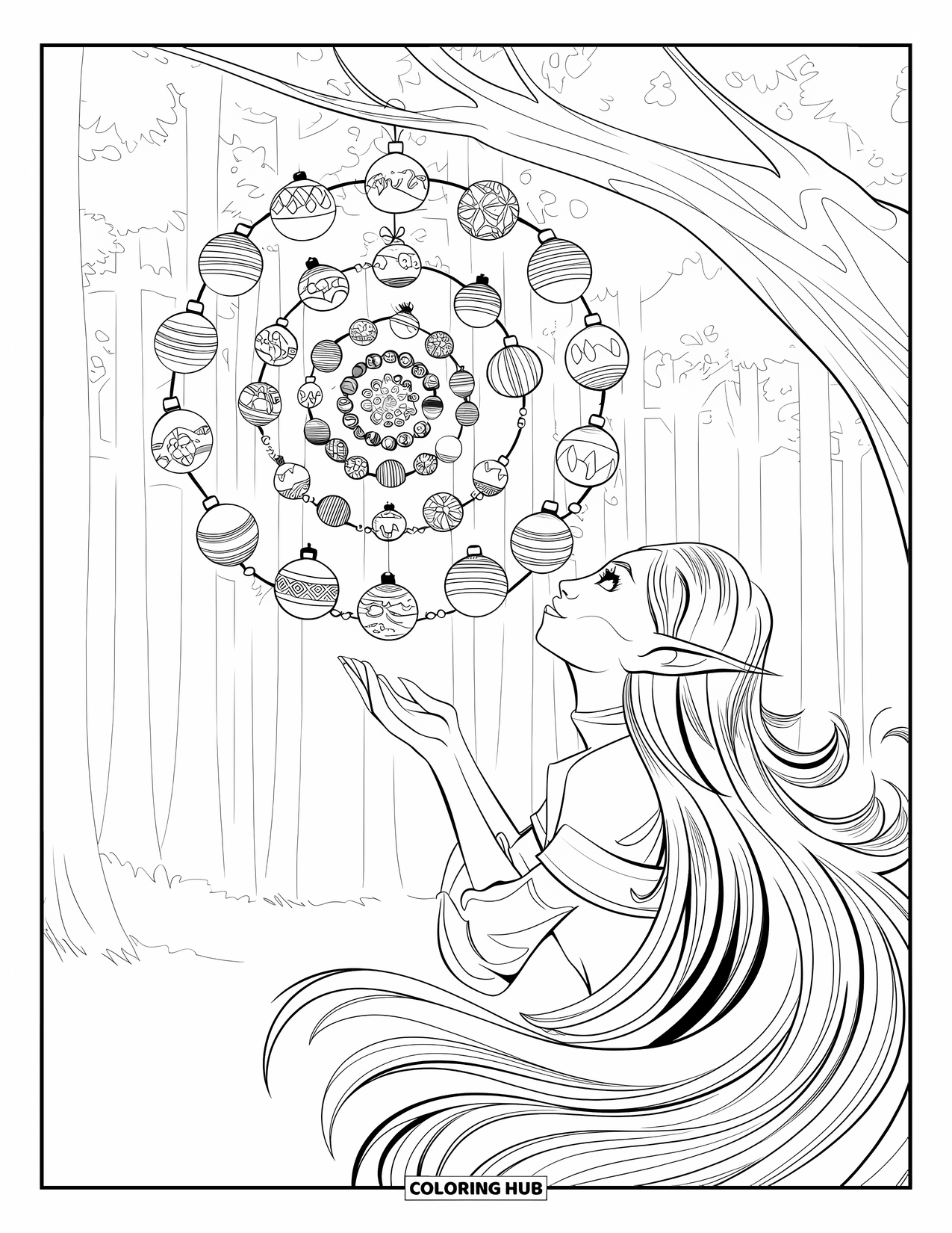 Elf Coloring Page for Adults: An elf gazes up at a spiral mandala of ornaments and ribbons