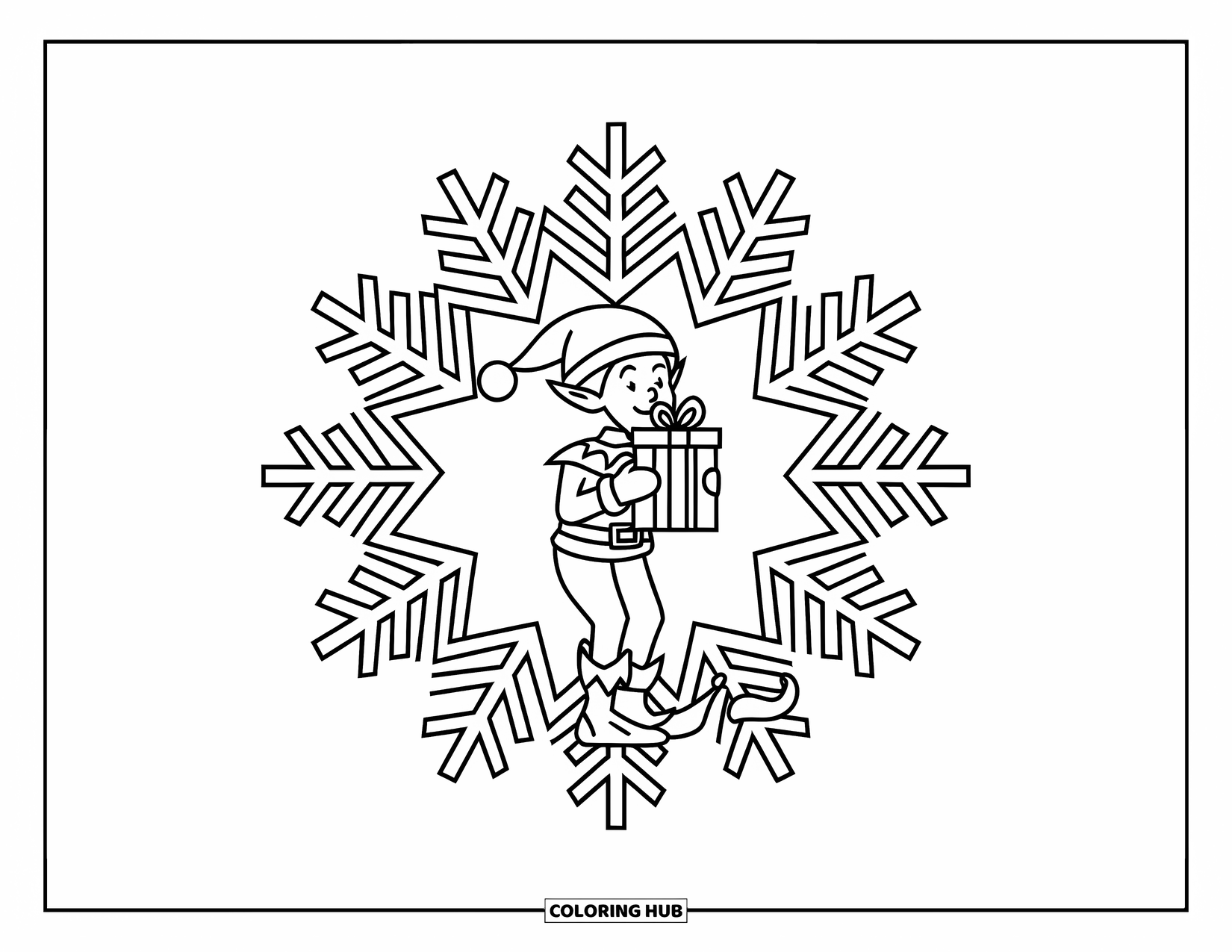 Elf Coloring Page for Adults: An elf holding a gift stands in the center of a snowflake design