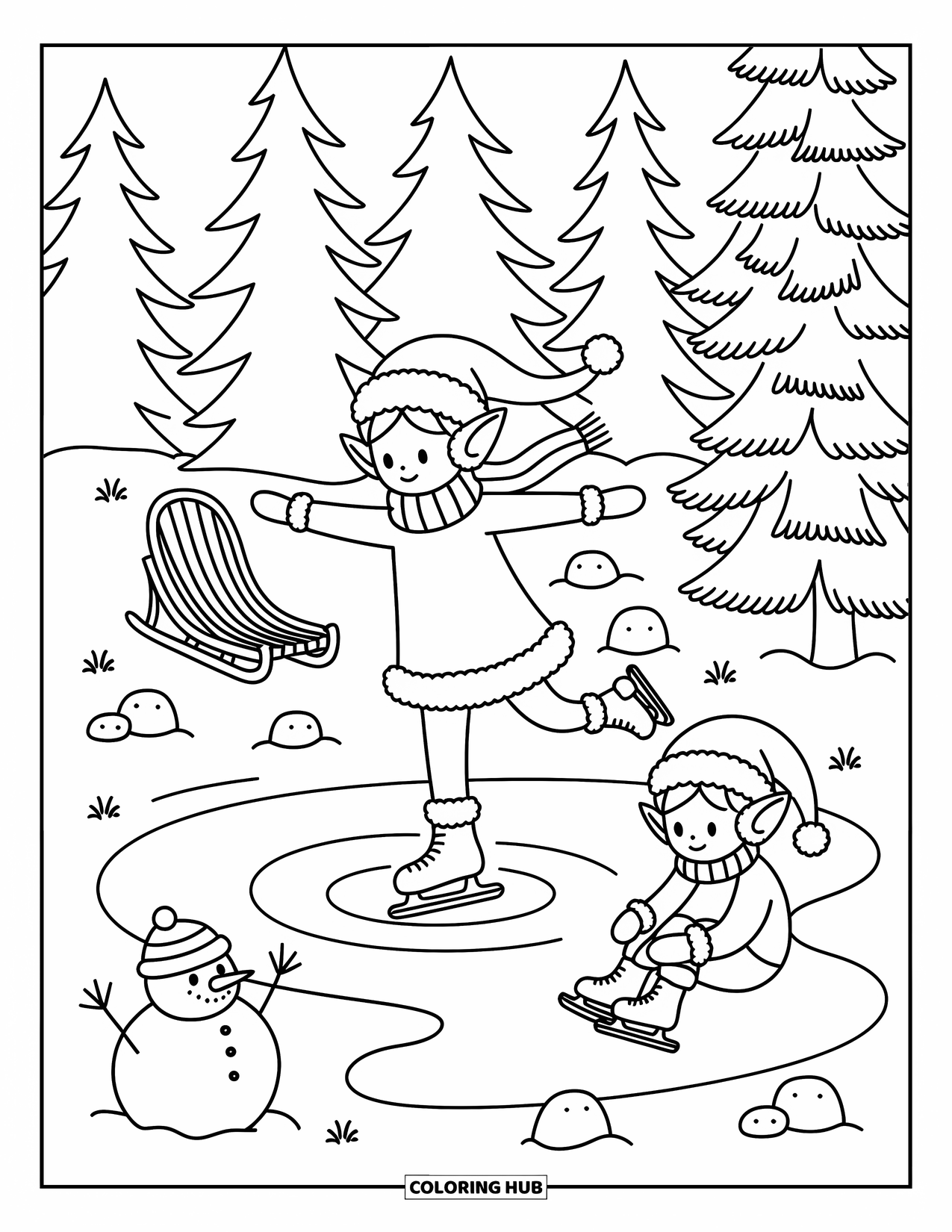 Elf Coloring Page for Adults: An elf ice skates gracefully on a frozen pond surrounded by pine trees