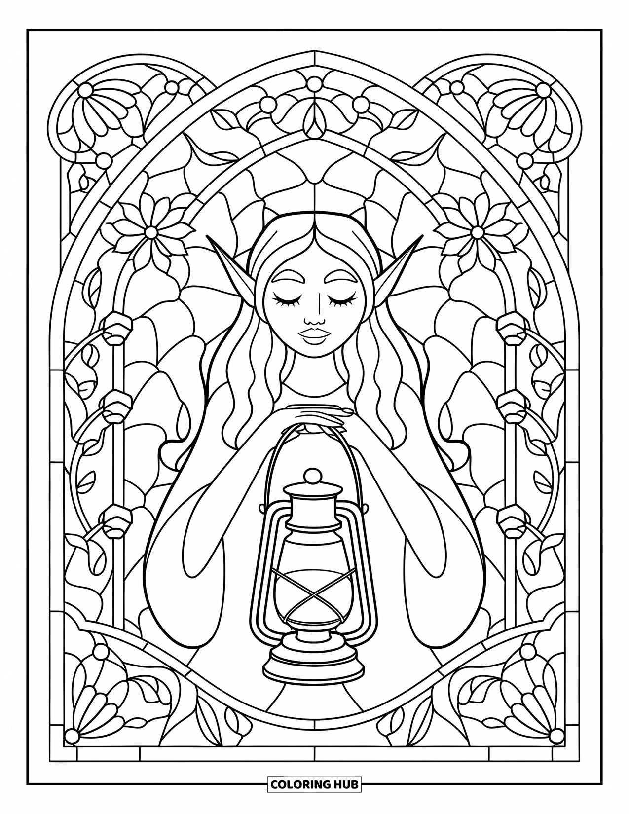 Elf Coloring Page for Adults: An elf lights the way holding a lantern among floral glass designs