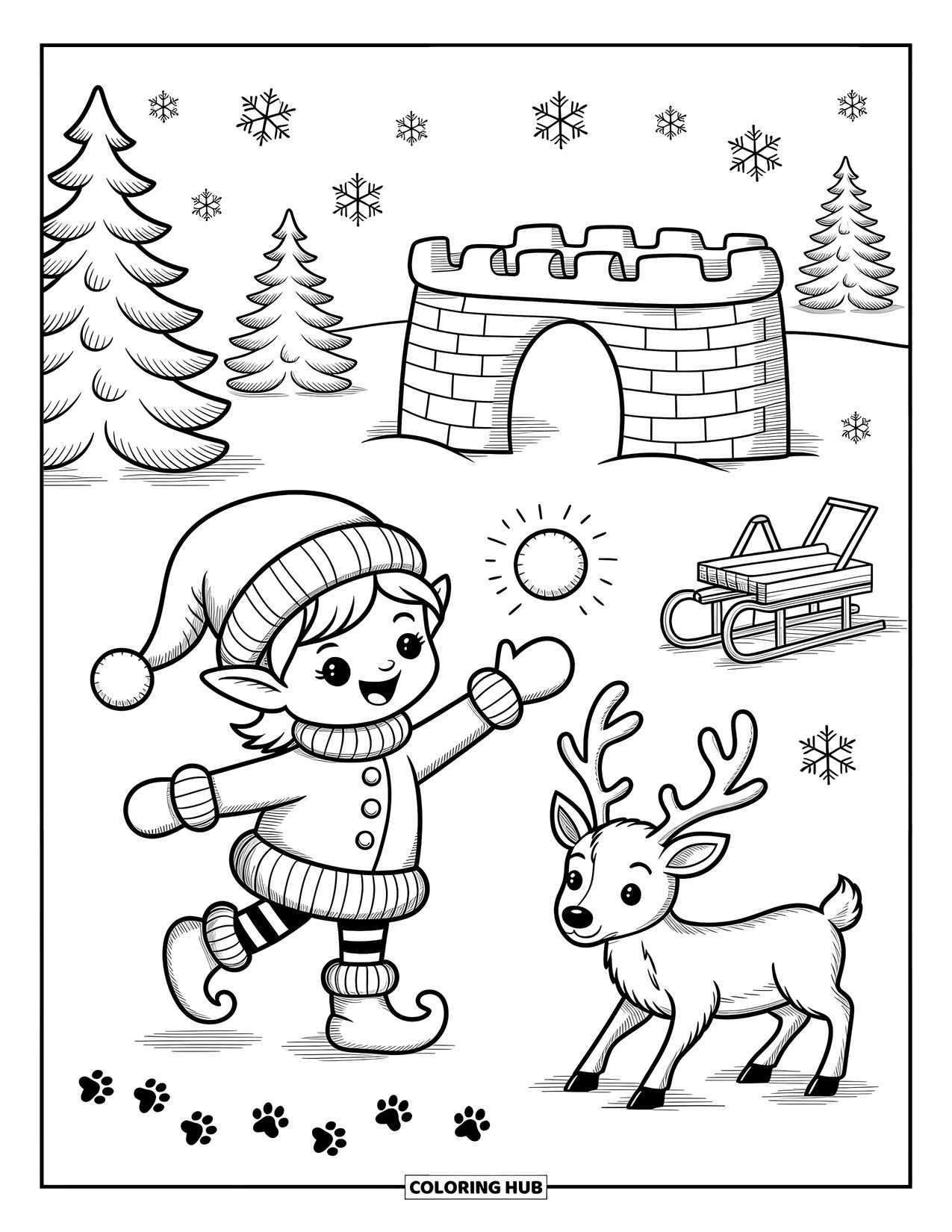 Elf Coloring Page for Adults: An elf playfully throws a snowball at a reindeer behind a snow fort