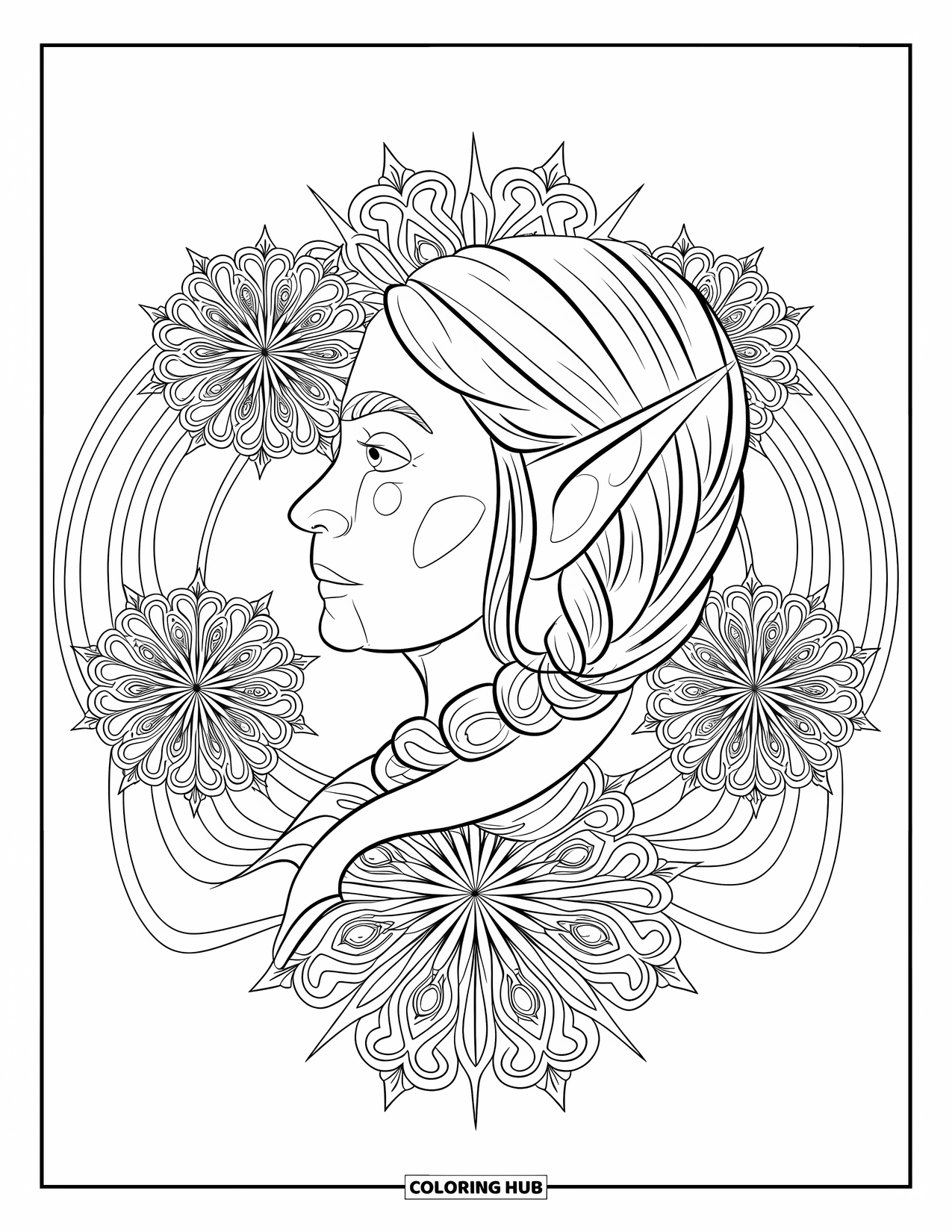 Elf Coloring Page for Adults: An elf's face in profile framed by swirling snowflake mandalas