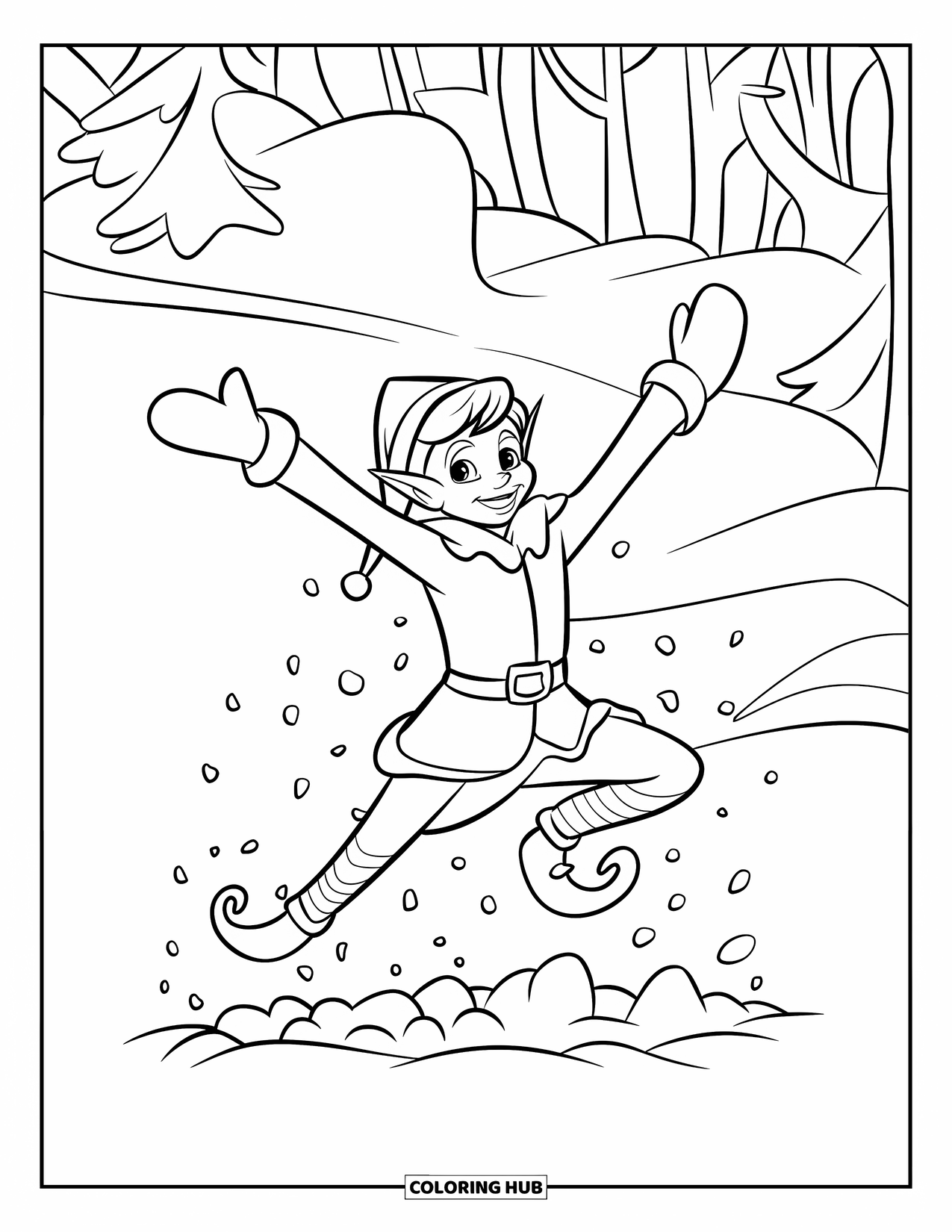 Elf Coloring Page for Kids: A cheerful elf dives into a mound of snow with glee